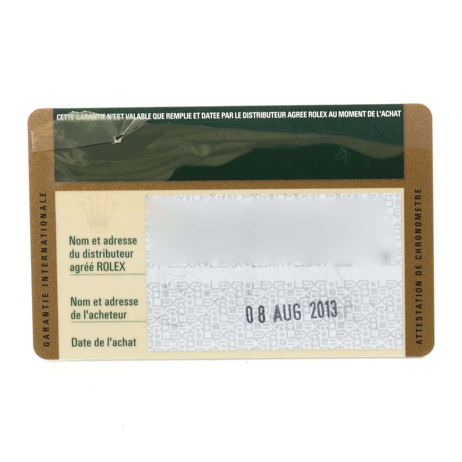 This image shows an international warranty card for a Rolex Oyster Perpetual 176200 Women
s Stainless Steel Silver Dial 176200 Women
s Stainless Steel Silver Dial watch, dated 08 Aug 2013.