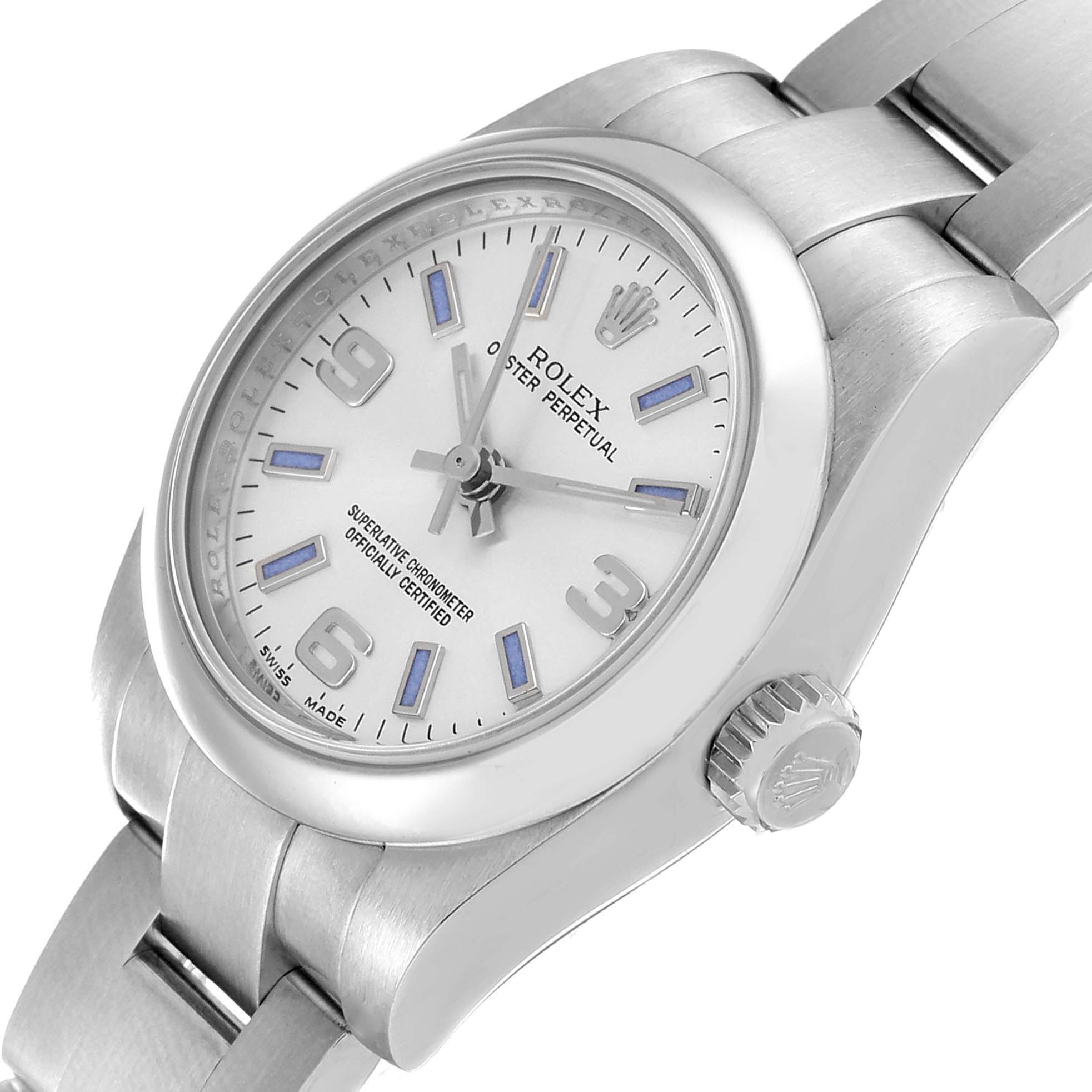 This Rolex Oyster Perpetual 176200 Women
s Stainless Steel Silver Dial 176200 Women
s Stainless Steel Silver Dial watch is shown at a slight angle highlighting the dial, crown, and part of the bracelet.