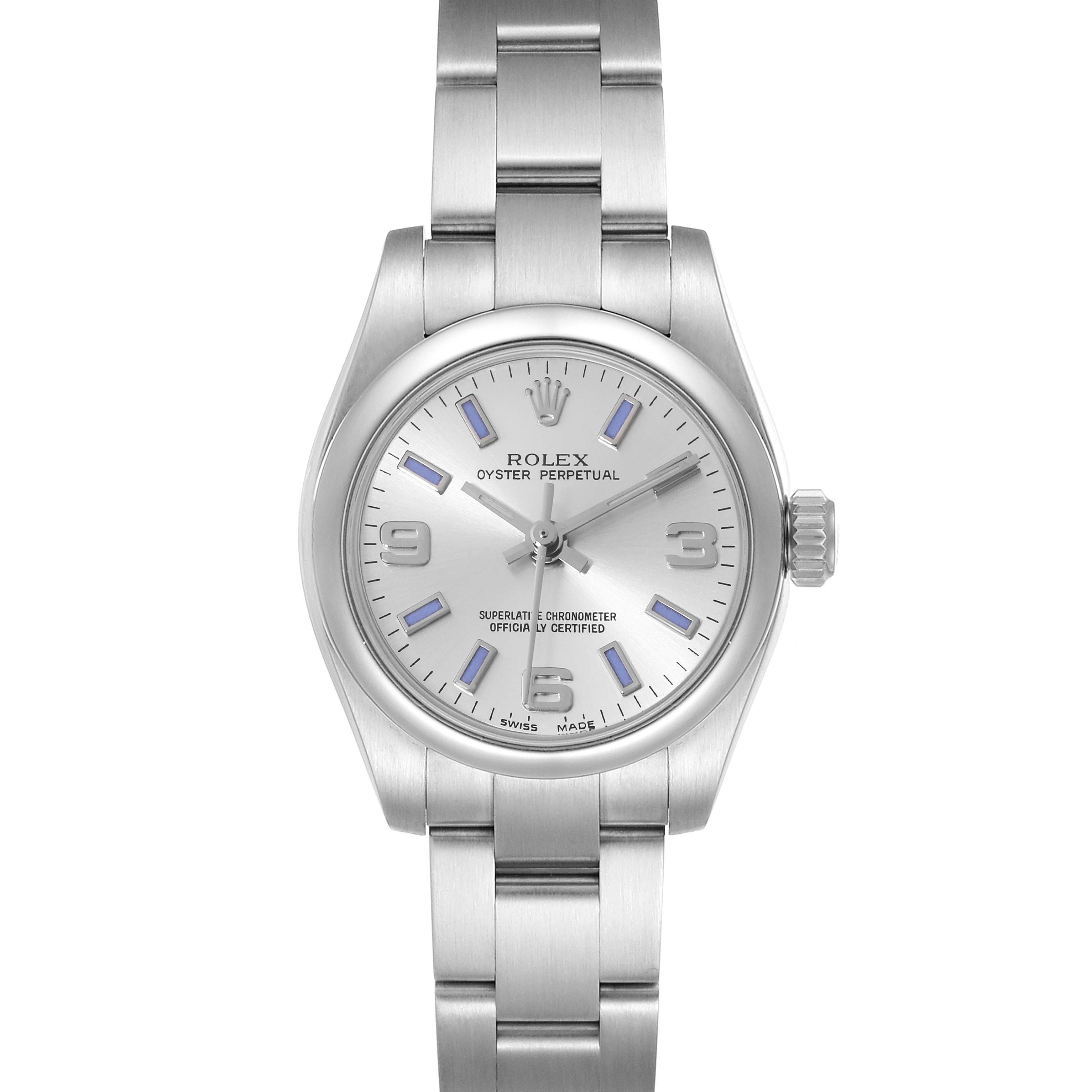 This image showcases a front view of a Rolex Oyster Perpetual 176200 Women
s Stainless Steel Silver Dial 176200 Women
s Stainless Steel Silver Dial watch, displaying the dial, bezel, and bracelet.