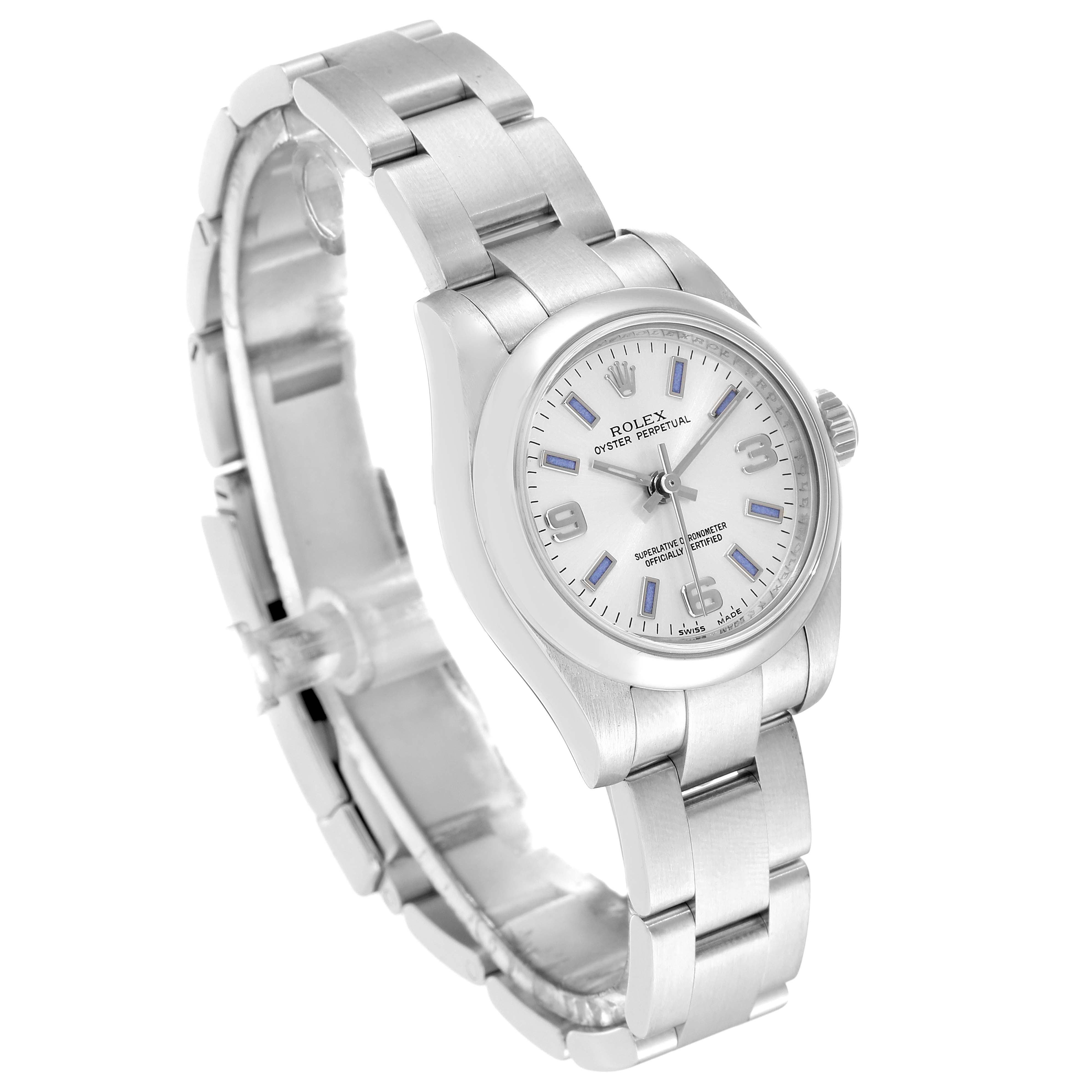 The Rolex Oyster Perpetual 176200 Women
s Stainless Steel Silver Dial 176200 Women
s Stainless Steel Silver Dial watch is shown at a slight angle, highlighting the face, bezel, and metal bracelet.