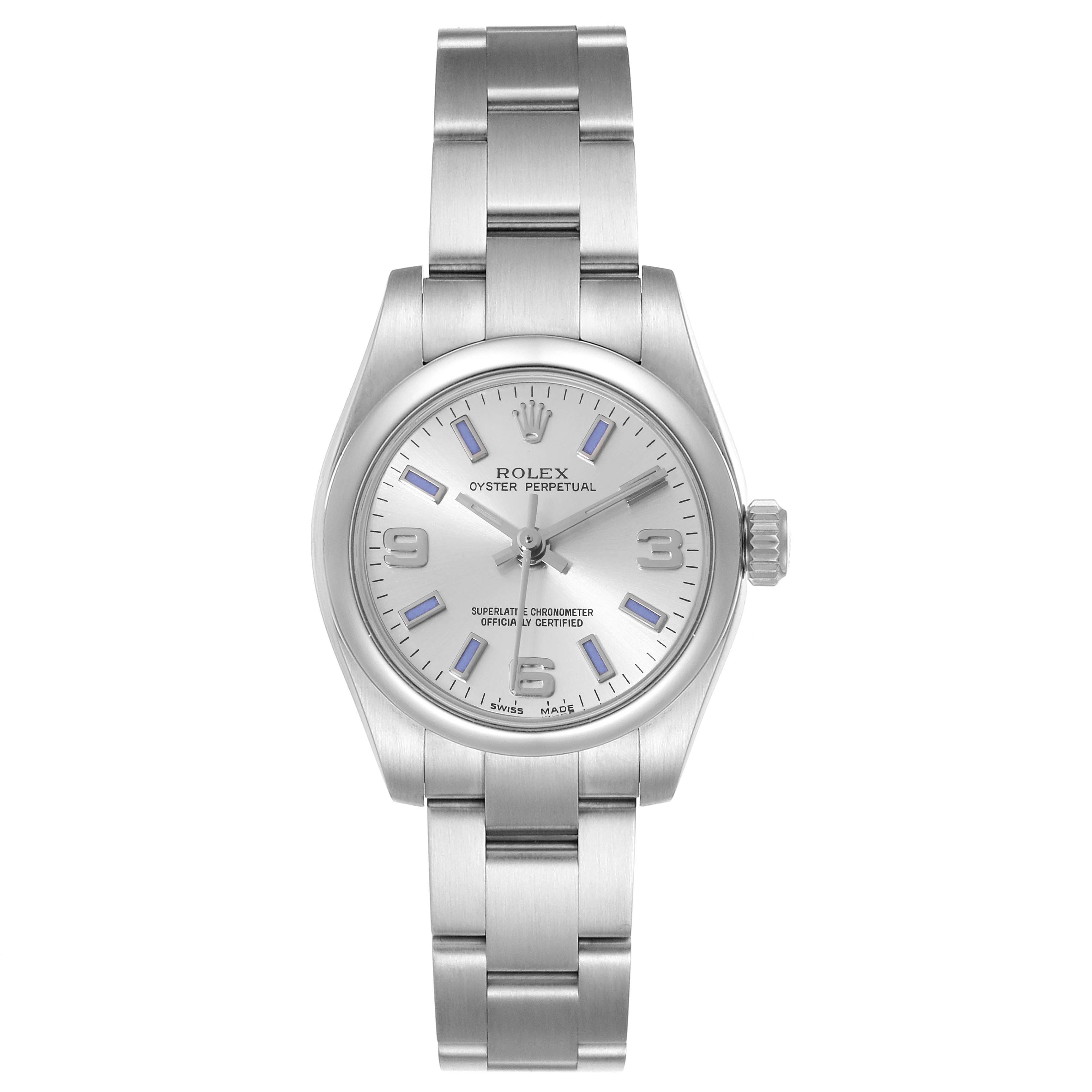 The image shows a front view of the Rolex Oyster Perpetual 176200 Women
s Stainless Steel Silver Dial 176200 Women
s Stainless Steel Silver Dial watch, displaying its dial, bezel, and bracelet.