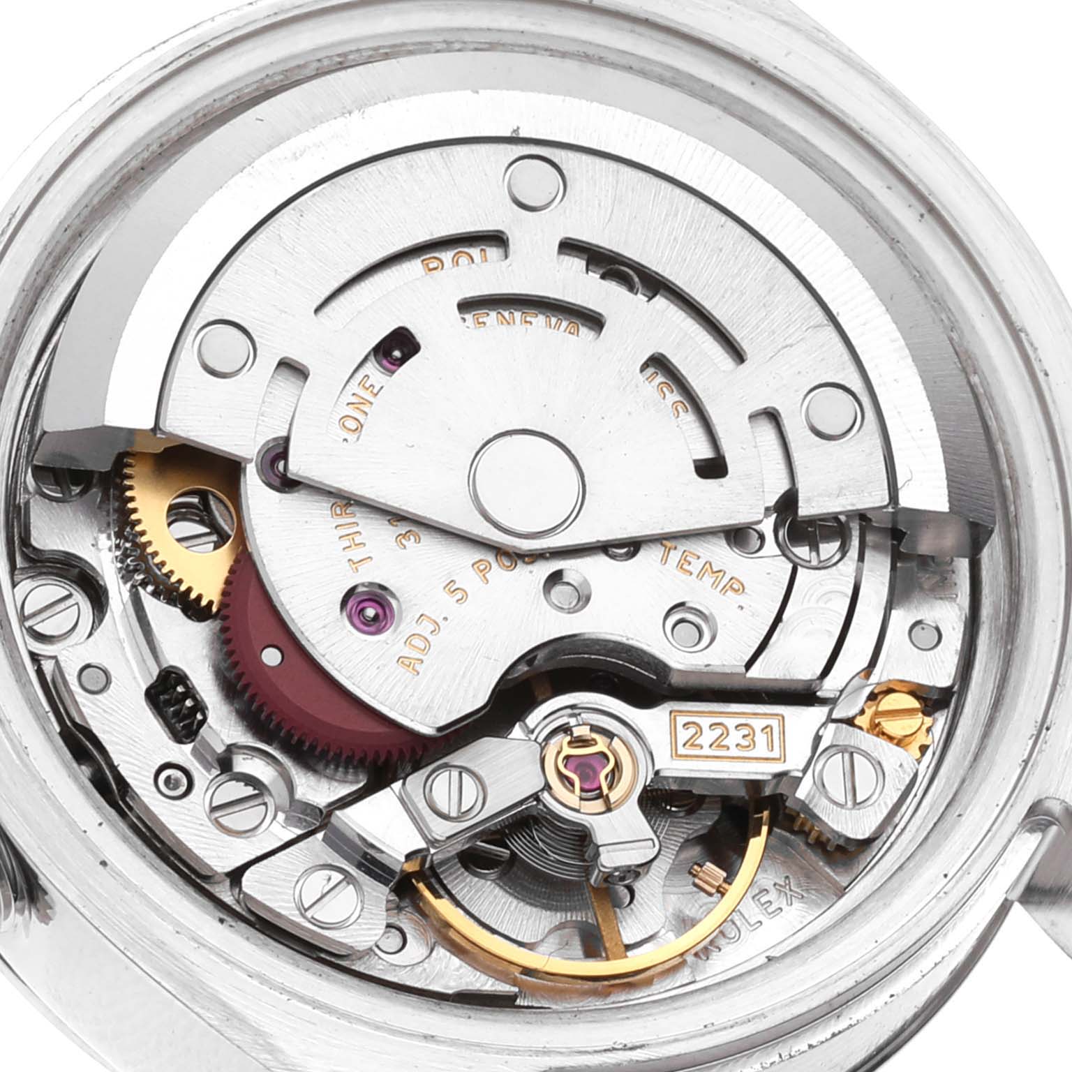This image shows a detailed view of the internal movement mechanism of a Rolex Oyster Perpetual 176200 Women
s Stainless Steel Silver Dial 176200 Women
s Stainless Steel Silver Dial watch.