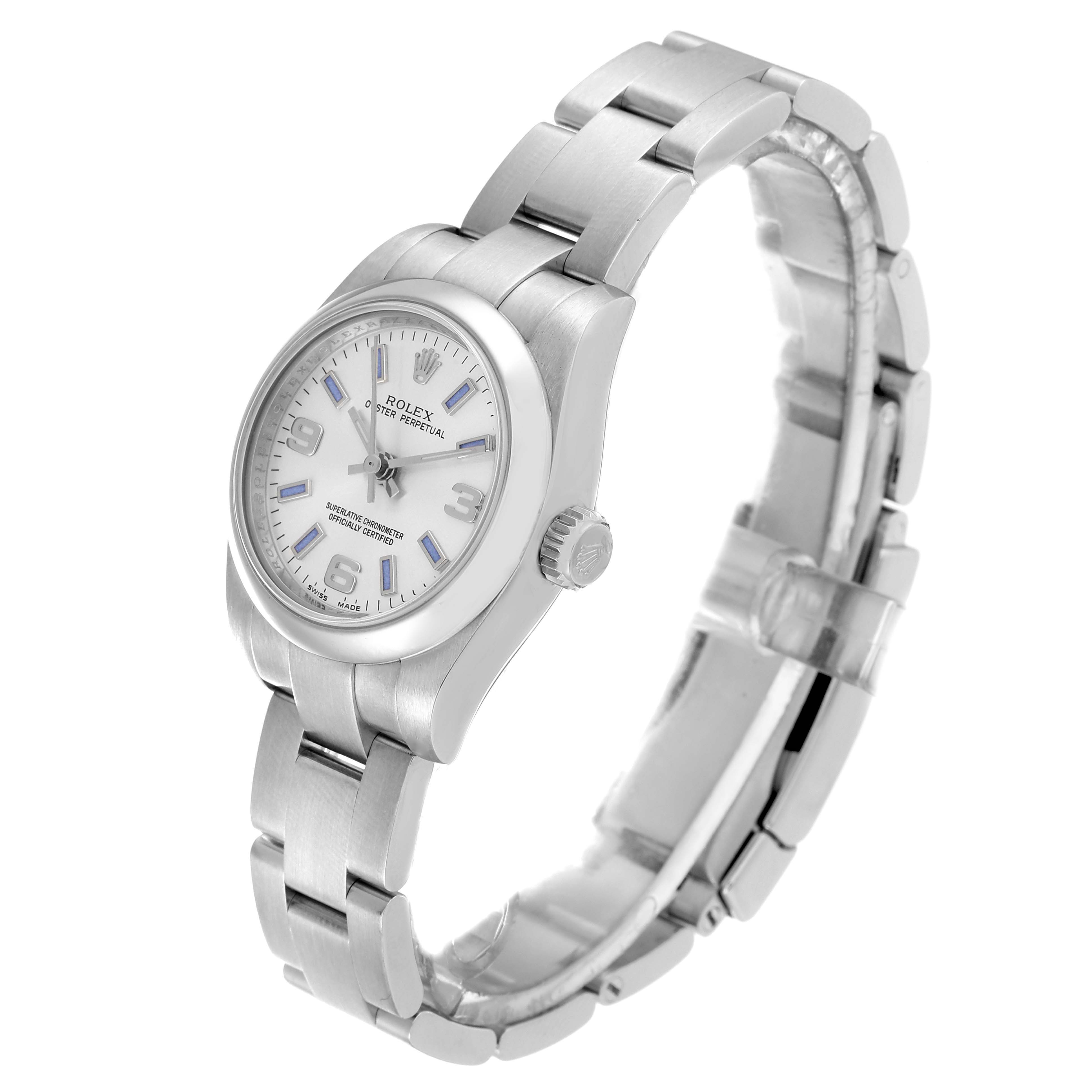 The Rolex Oyster Perpetual 176200 Women
s Stainless Steel Silver Dial 176200 Women
s Stainless Steel Silver Dial watch is shown at a slightly tilted side angle, displaying the watch face, bezel, crown, and bracelet.