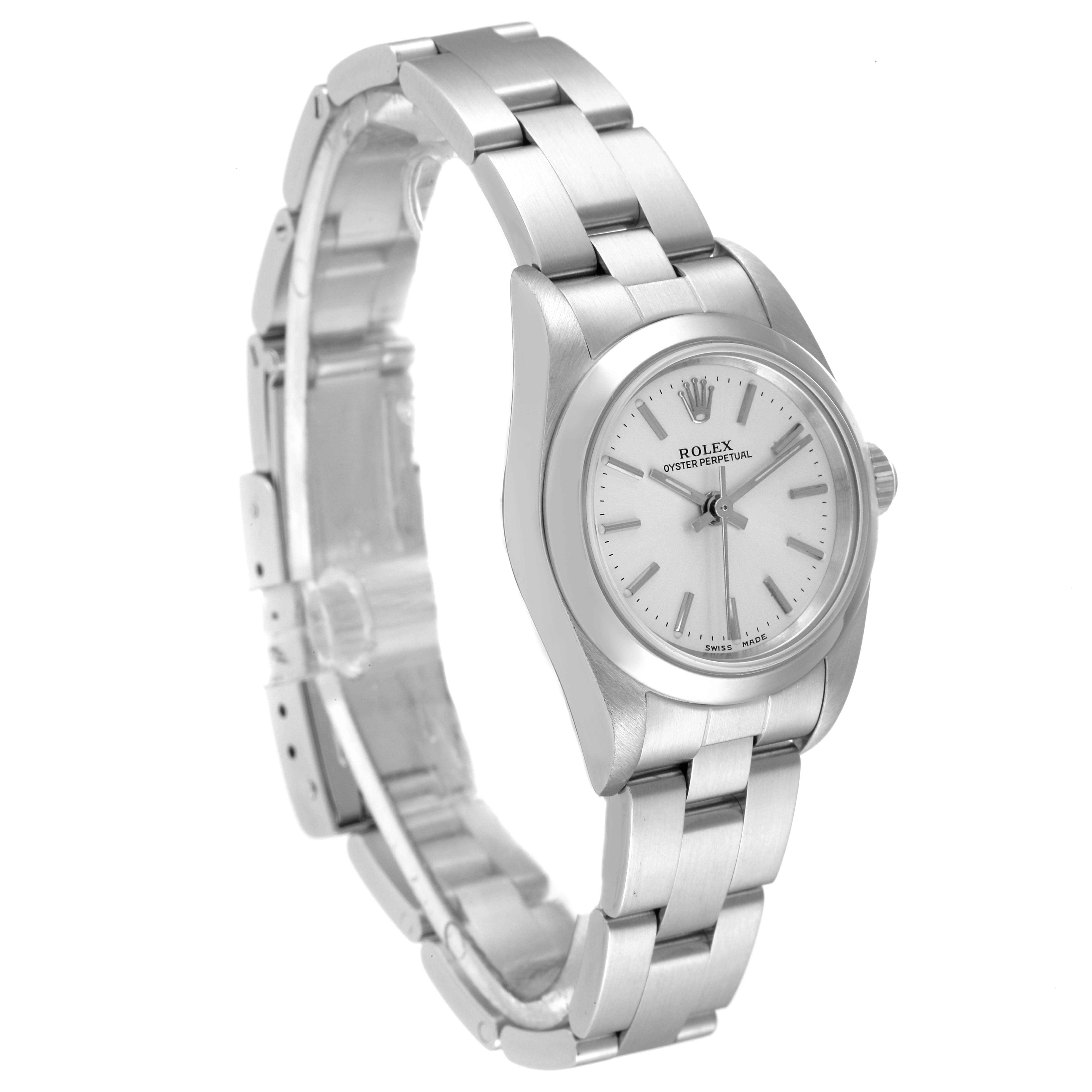 The Rolex Oyster Perpetual 76080 Women
s Stainless Steel Silver Dial 76080 Women
s Stainless Steel Silver Dial watch is shown at an angled side view, highlighting the bracelet and face.