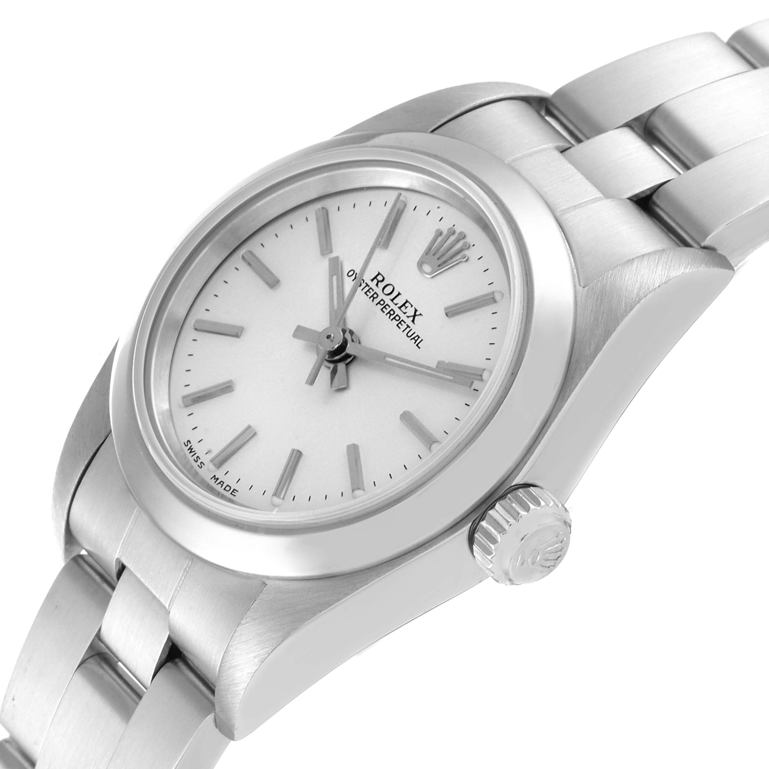 This image shows a side angle of the Rolex Oyster Perpetual 76080 Women
s Stainless Steel Silver Dial 76080 Women
s Stainless Steel Silver Dial watch, highlighting the dial, bezel, and bracelet.