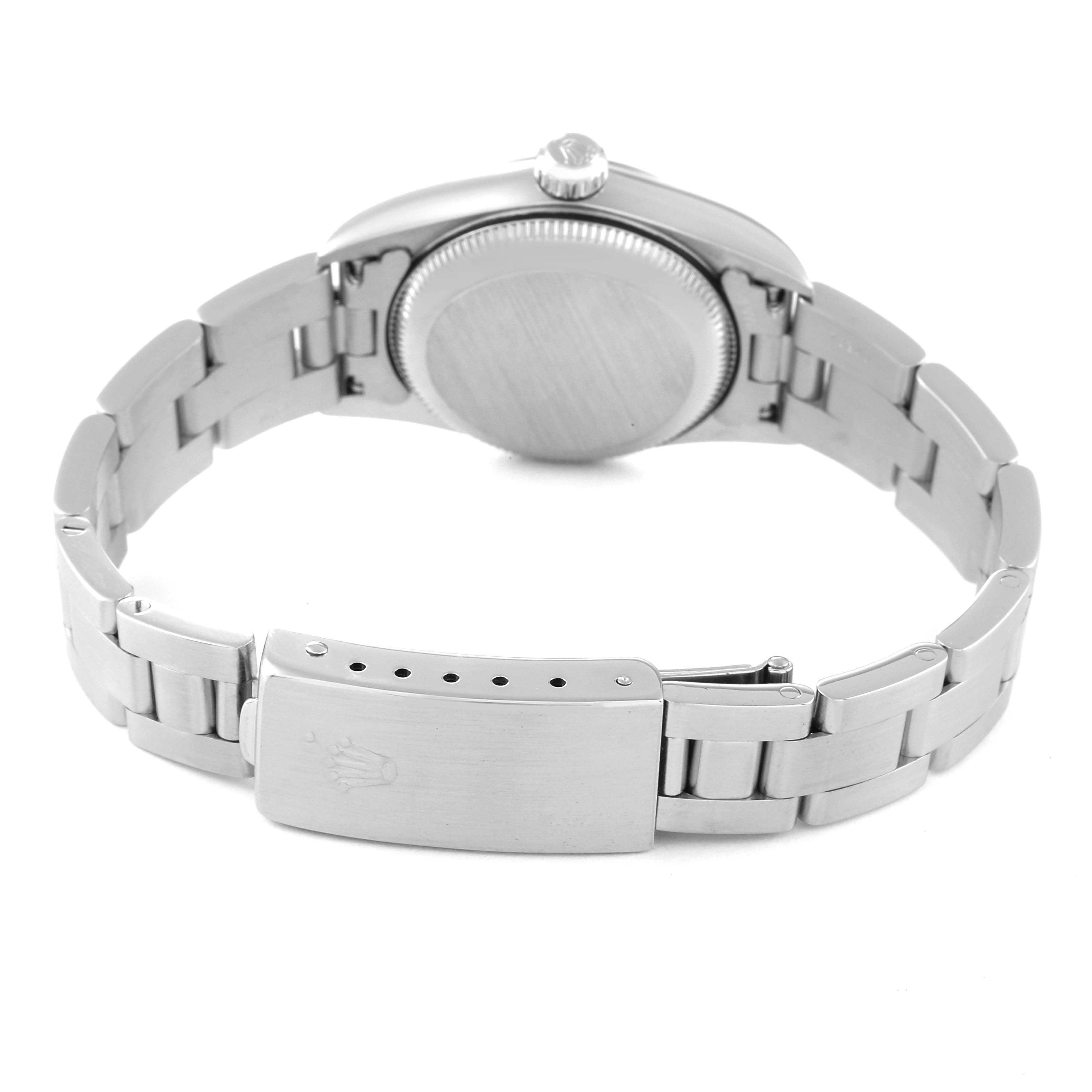 The image shows the back view of a Rolex Oyster Perpetual 76080 Women
s Stainless Steel Silver Dial 76080 Women
s Stainless Steel Silver Dial watch, highlighting the case back, crown, and bracelet with clasp.