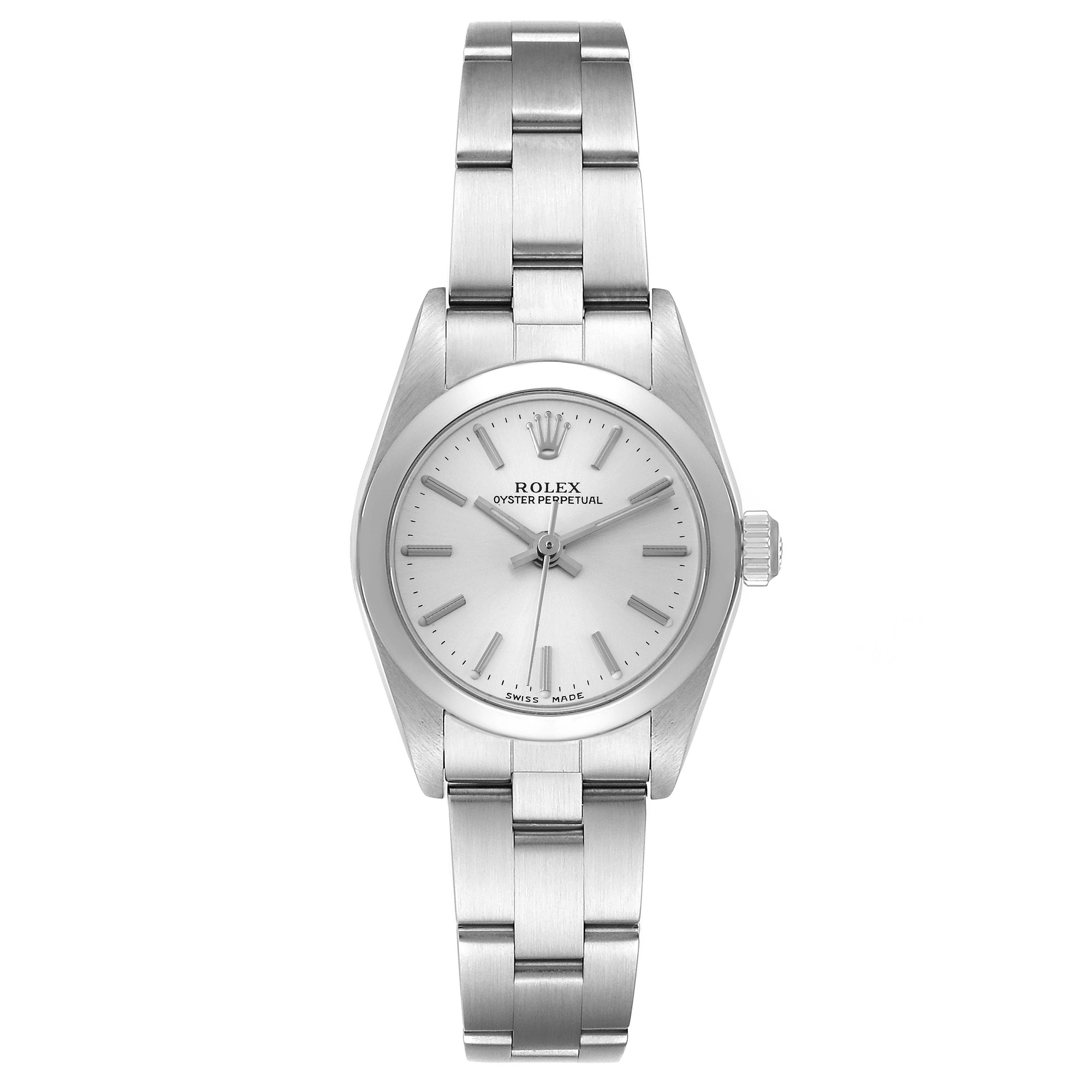 This image shows a front view of the Rolex Oyster Perpetual 76080 Women
s Stainless Steel Silver Dial 76080 Women
s Stainless Steel Silver Dial watch with a metallic bracelet and a silver dial.