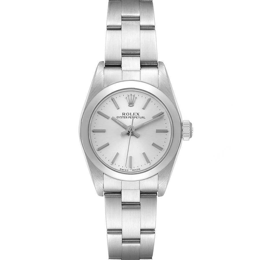 The Rolex Oyster Perpetual watch is shown from a top-down angle, displaying its face, crown, and bracelet.