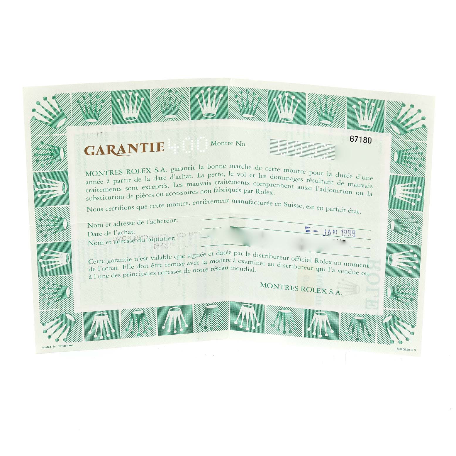 The image shows a warranty card for the Rolex Oyster Perpetual 67180 Women
s Stainless Steel Pink Dial 67180 Women
s Stainless Steel Pink Dial model, featuring printed details and signatures.