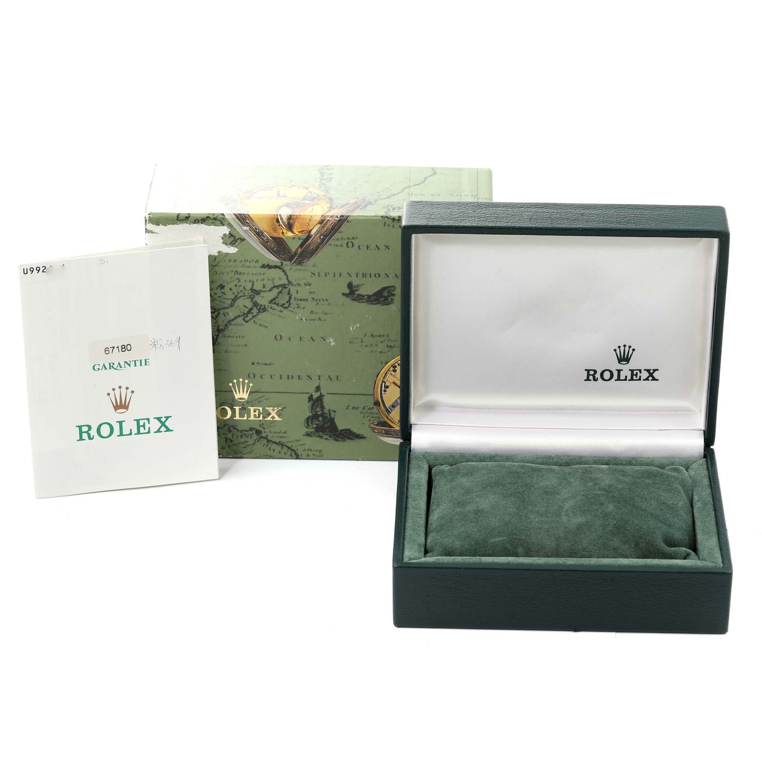 The image shows the accessories of a Rolex Oyster Perpetual 67180 Women
s Stainless Steel Pink Dial 67180 Women
s Stainless Steel Pink Dial, including its box and guarantee card, from a front angle.