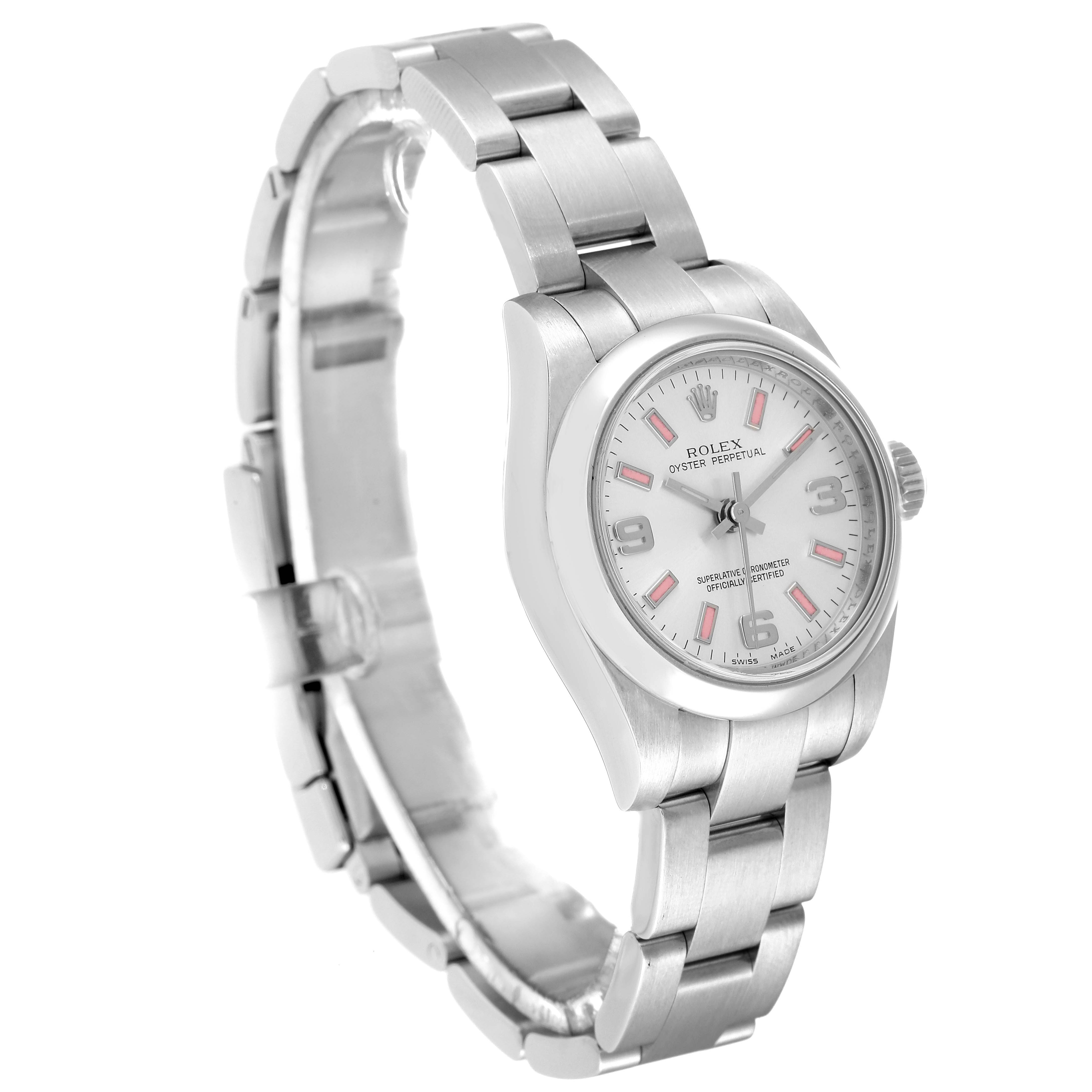 The Rolex Oyster Perpetual 176200 Women's Stainless Steel Silver Dial 176200 Women's Stainless Steel Silver Dial watch is shown at an angle highlighting the front dial, case, and part of the bracelet.