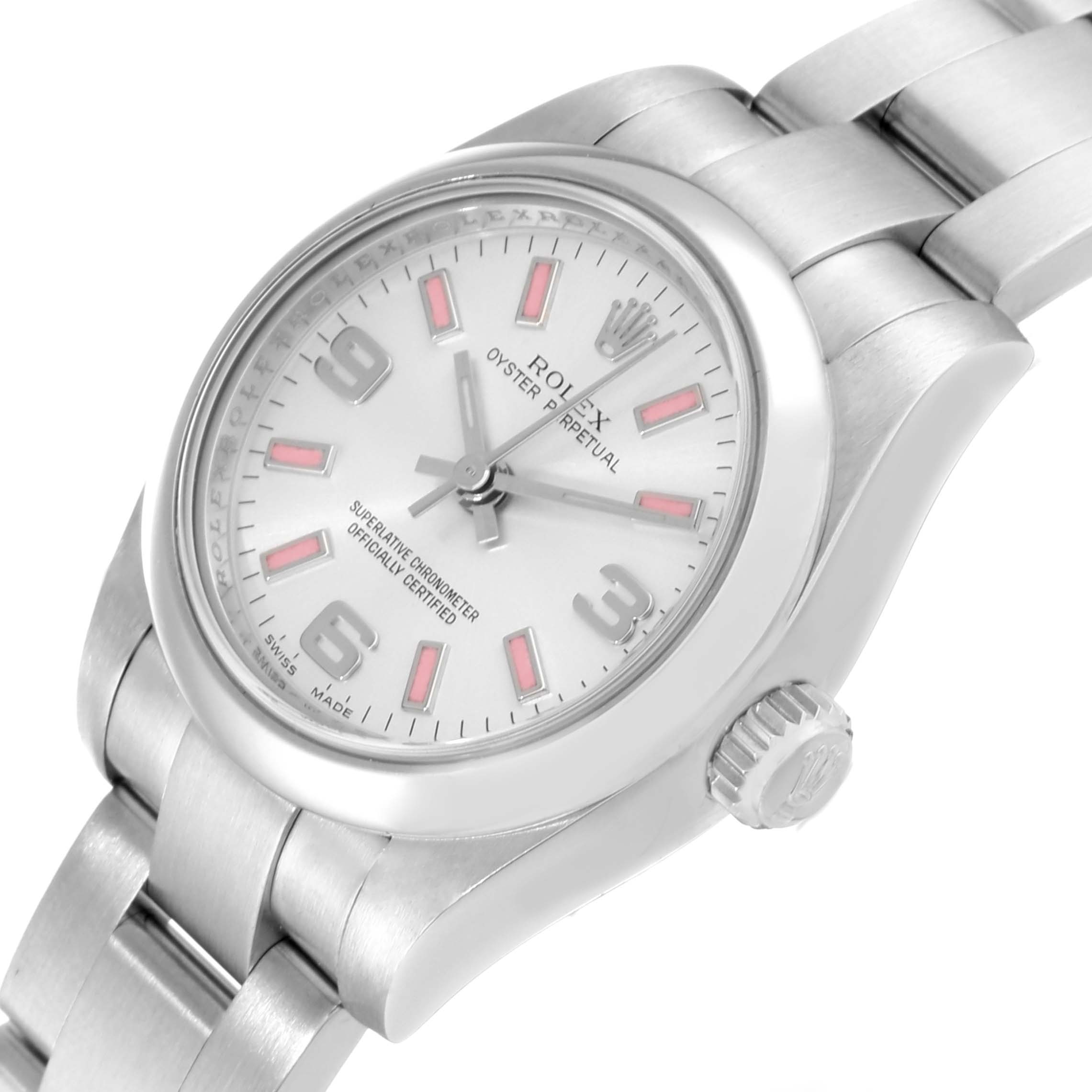 The image shows a close-up angle of a Rolex Oyster Perpetual 176200 Women's Stainless Steel Silver Dial 176200 Women's Stainless Steel Silver Dial watch, highlighting the dial, crown, and bracelet.