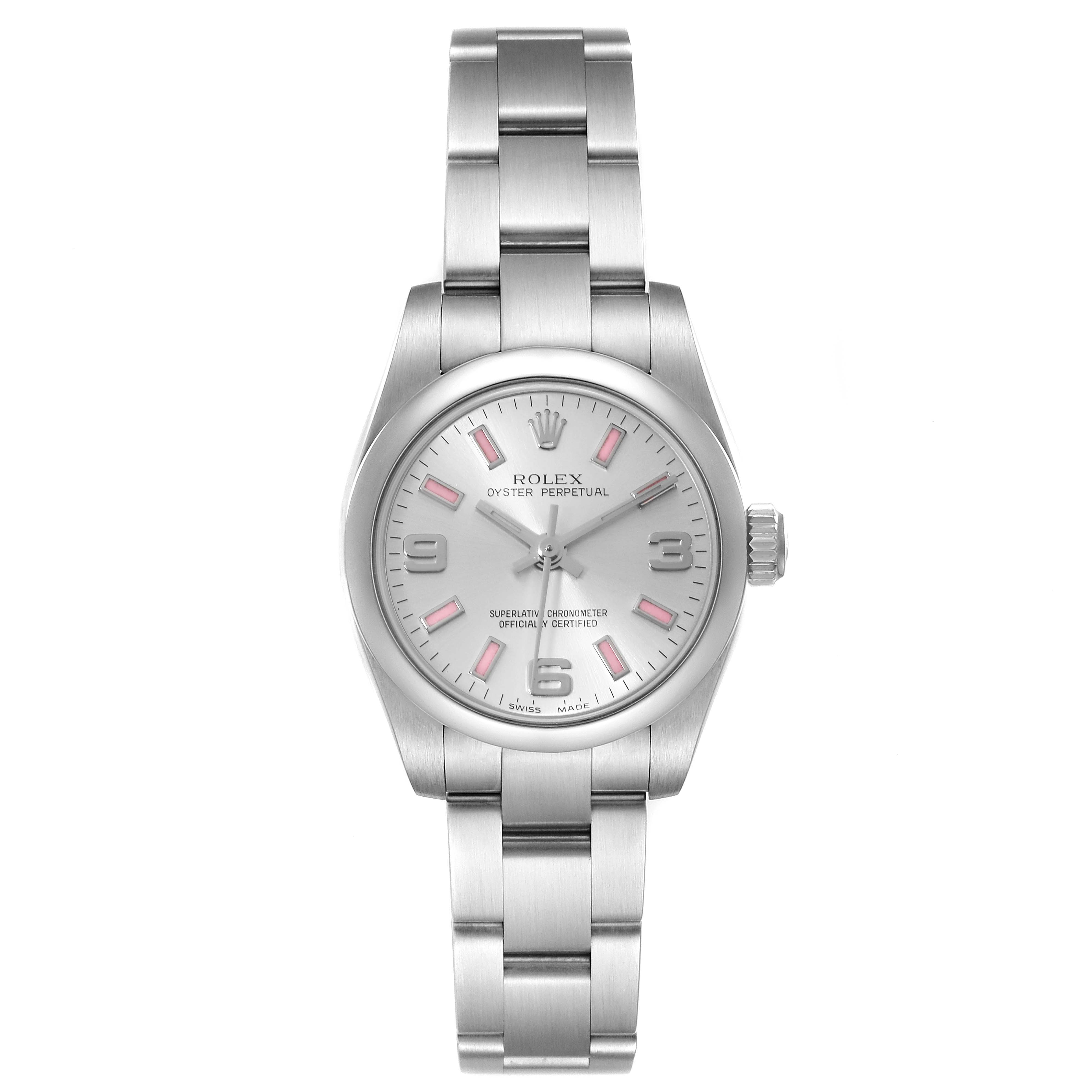 This image shows a front view of a Rolex Oyster Perpetual 176200 Women's Stainless Steel Silver Dial 176200 Women's Stainless Steel Silver Dial watch, highlighting its face, bracelet, and crown.