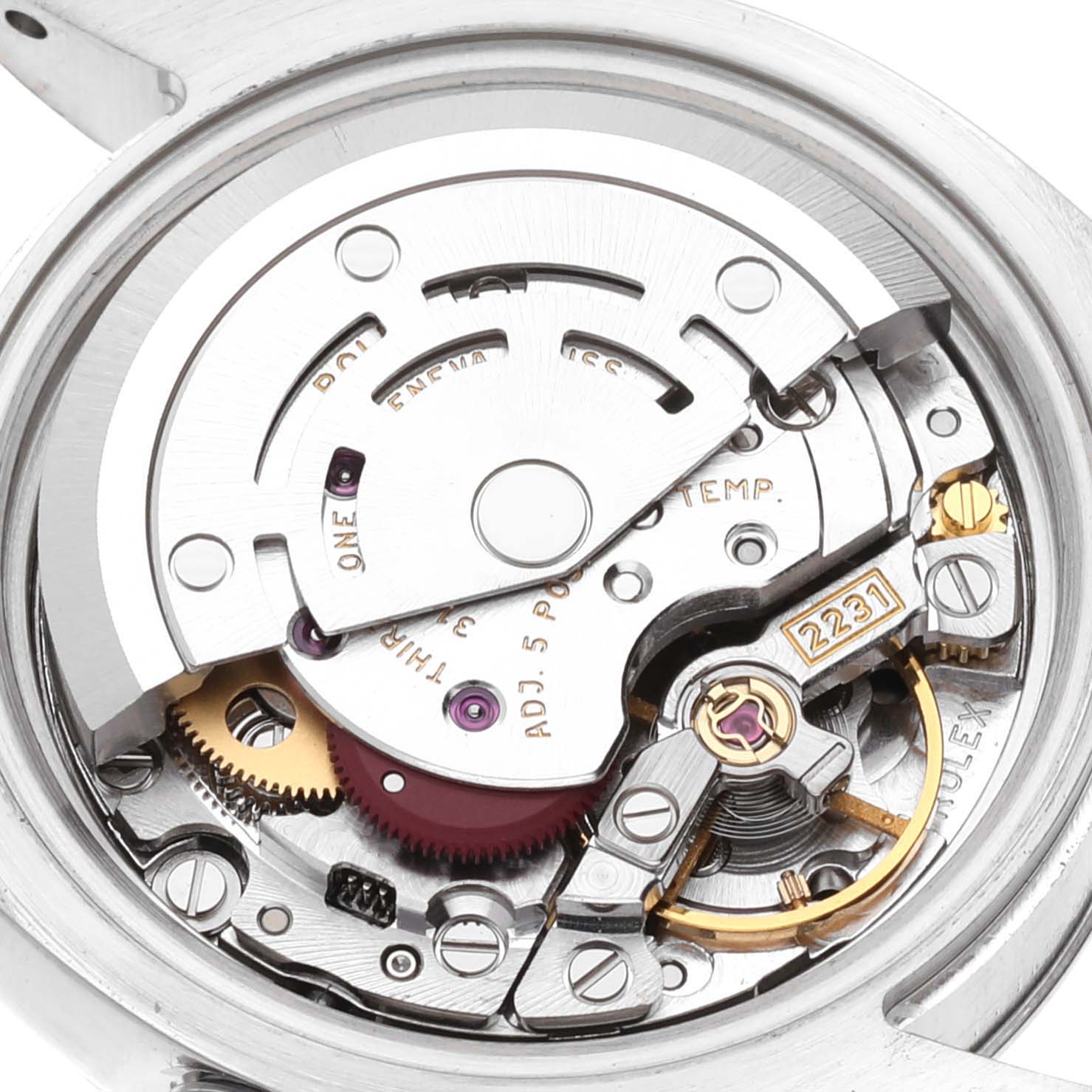This image shows the internal mechanism from the back side of a Rolex Oyster Perpetual 176200 Women's Stainless Steel Silver Dial 176200 Women's Stainless Steel Silver Dial watch model.