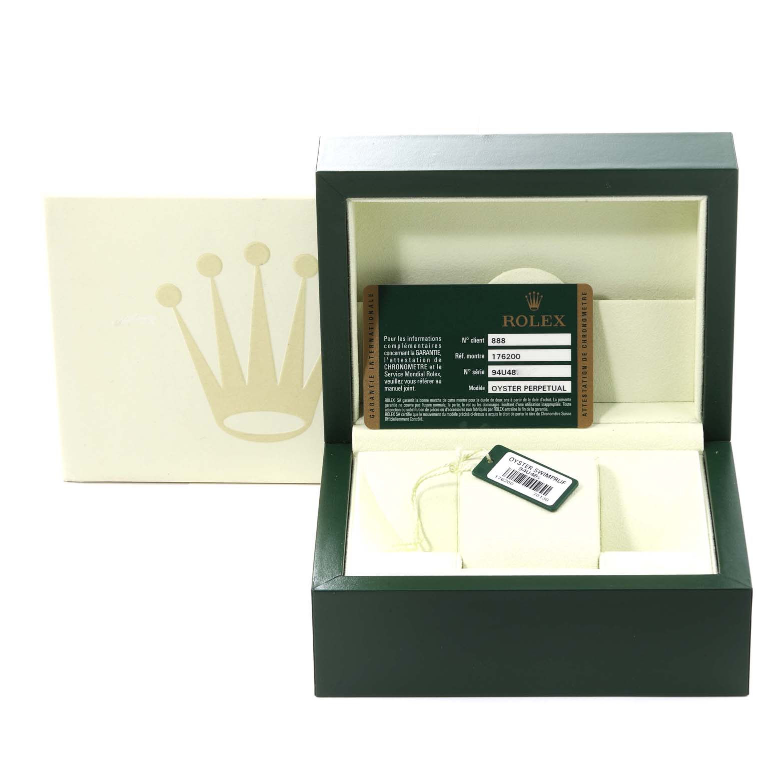 The image shows a Rolex Oyster Perpetual 176200 Women's Stainless Steel Silver Dial 176200 Women's Stainless Steel Silver Dial box containing the authenticity card and tag, but the watch is not visible.