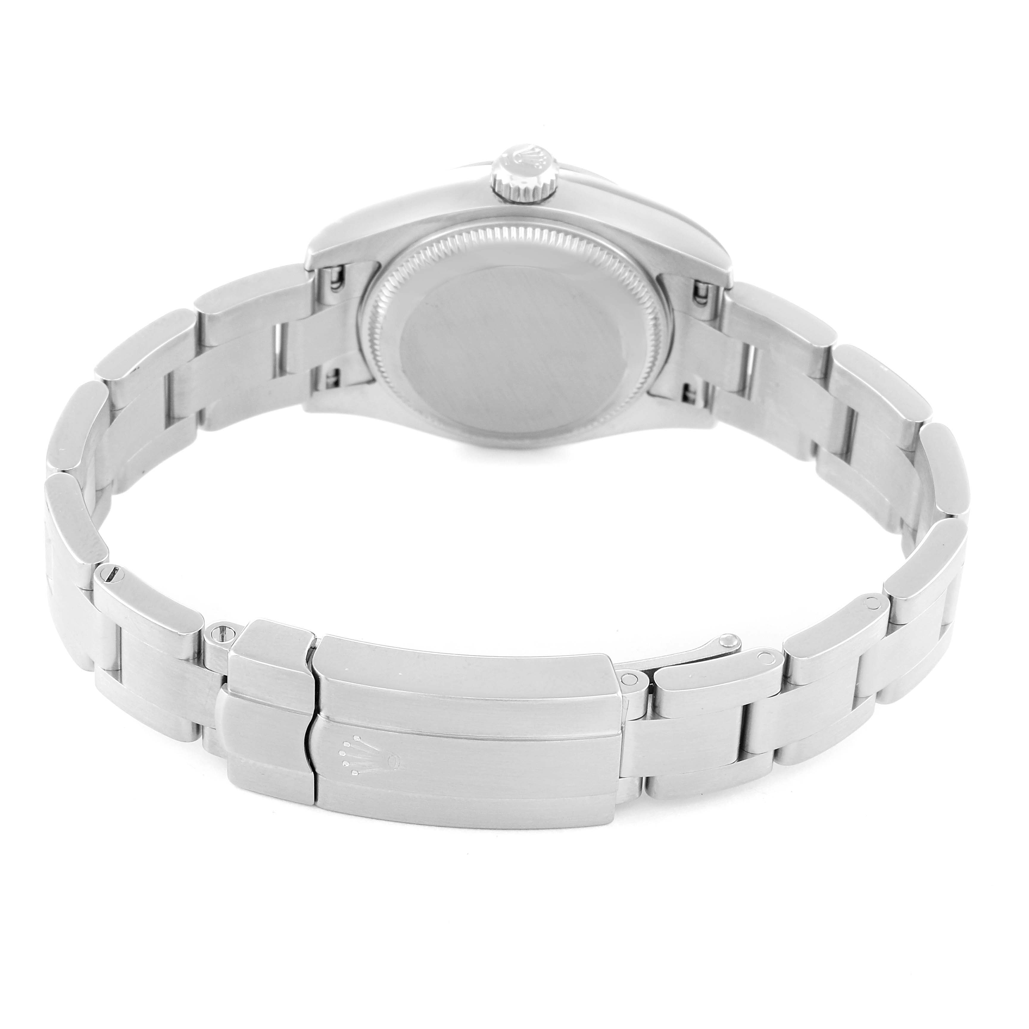 This image shows the back view of a Rolex Oyster Perpetual 176200 Women's Stainless Steel Silver Dial 176200 Women's Stainless Steel Silver Dial watch, highlighting the case back and bracelet with the clasp closed.