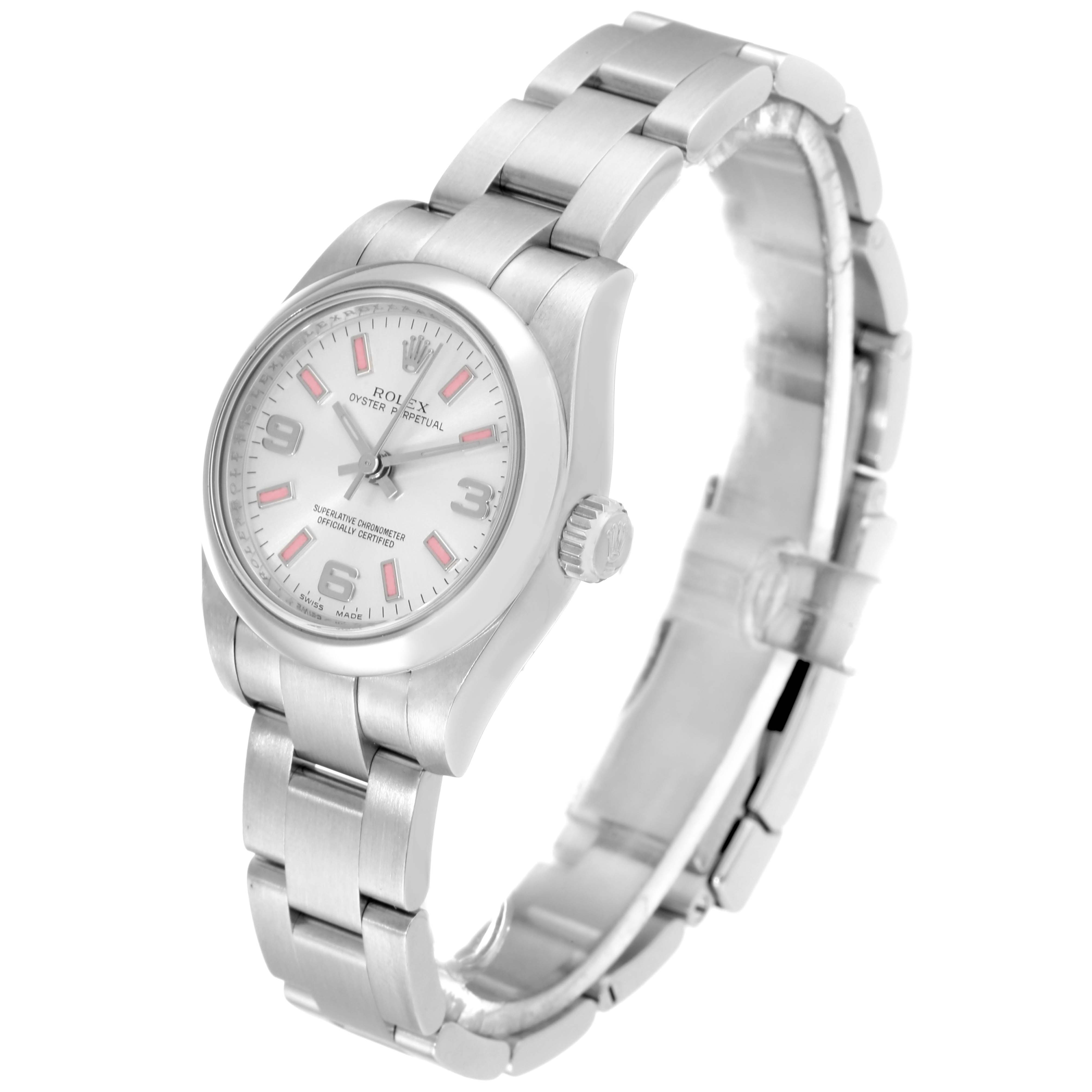 The Rolex Oyster Perpetual 176200 Women's Stainless Steel Silver Dial 176200 Women's Stainless Steel Silver Dial watch is shown at a slight angle, displaying its face, case, crown, and bracelet.