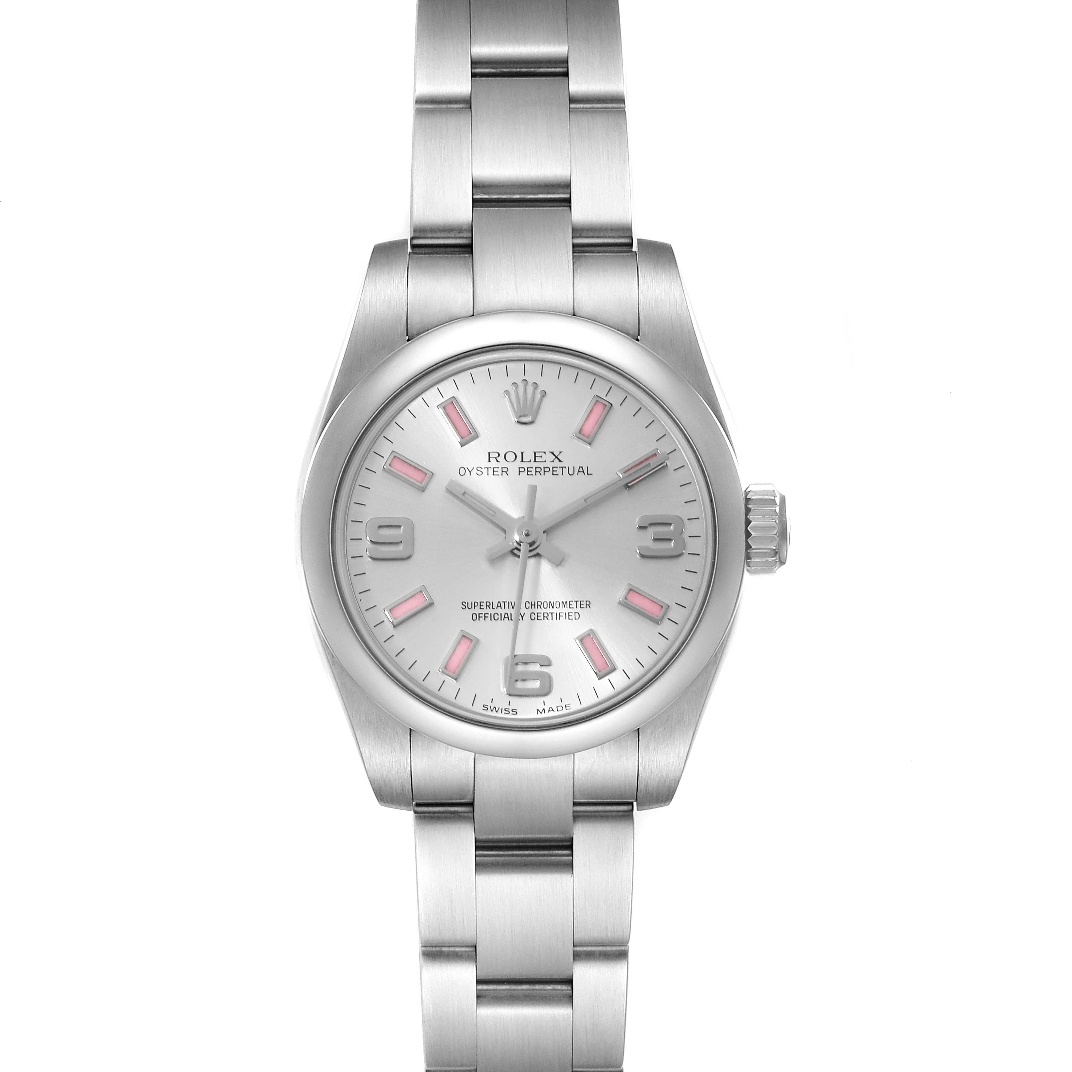 This is a front view of a Rolex Oyster Perpetual 176200 Women's Stainless Steel Silver Dial 176200 Women's Stainless Steel Silver Dial watch, showing the face, crown, and bracelet.