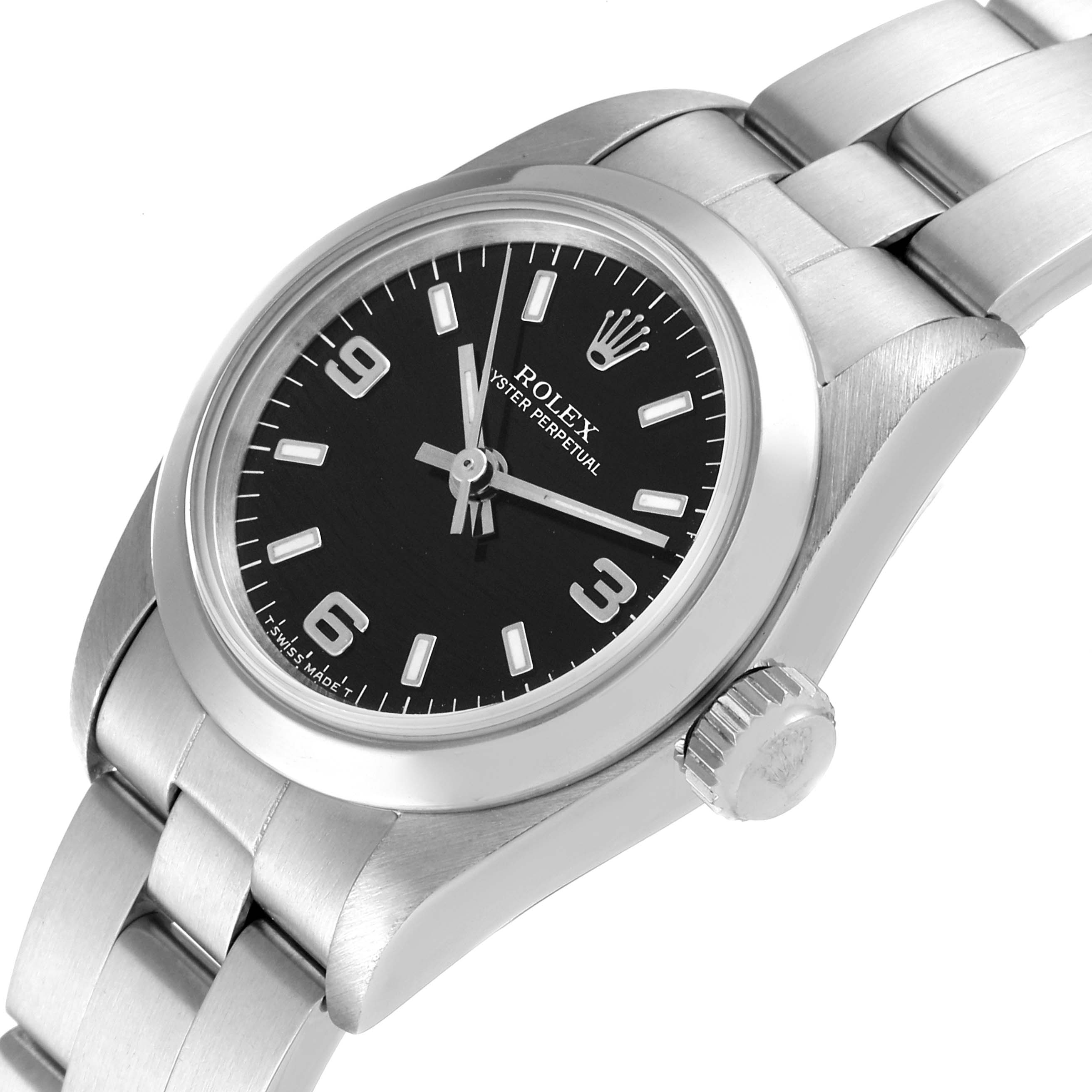 The image shows a Rolex Oyster Perpetual 67180 Women's Stainless Steel Black Dial 67180 Women's Stainless Steel Black Dial watch from a slight angle, revealing the face, bezel, crown, and part of the bracelet.