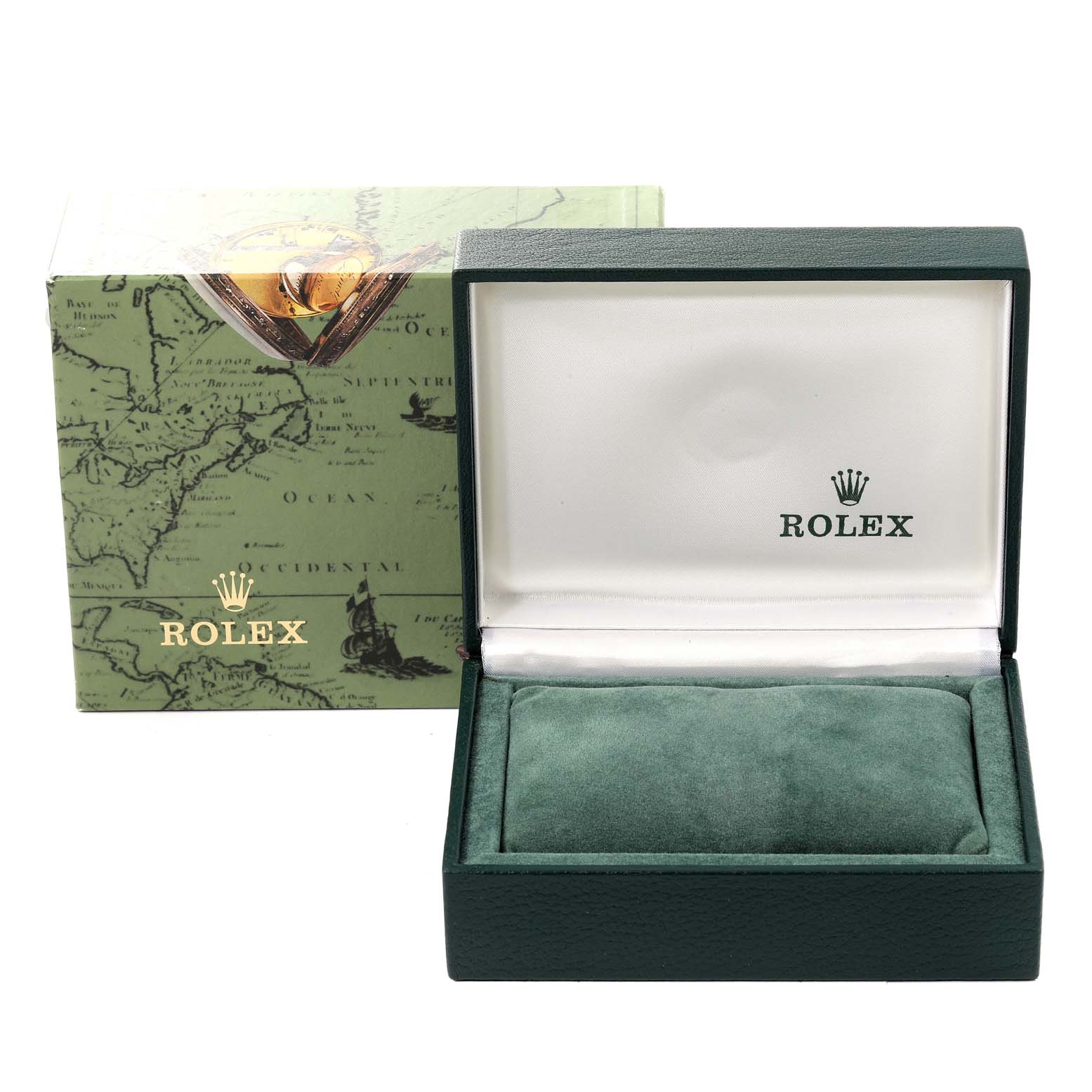 The image shows the packaging for a Rolex Oyster Perpetual 67180 Women's Stainless Steel Black Dial 67180 Women's Stainless Steel Black Dial watch, including the outer box and the open watch box with a cushion inside.