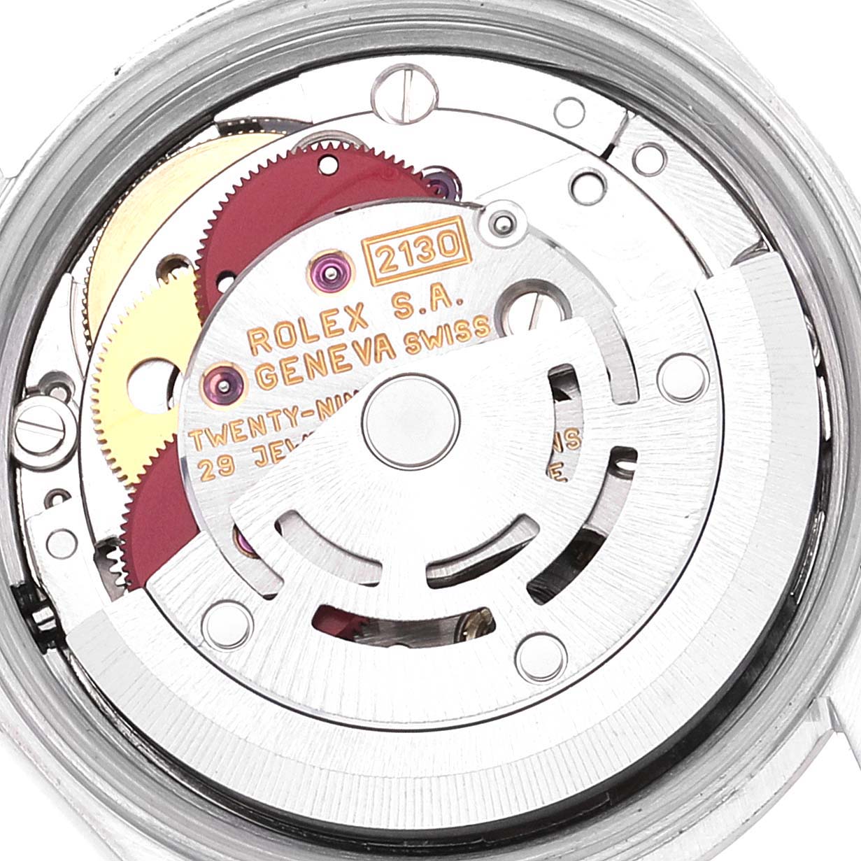 This image shows the internal movement mechanism of a Rolex Oyster Perpetual 67180 Women's Stainless Steel Black Dial 67180 Women's Stainless Steel Black Dial watch from a top-down angle.