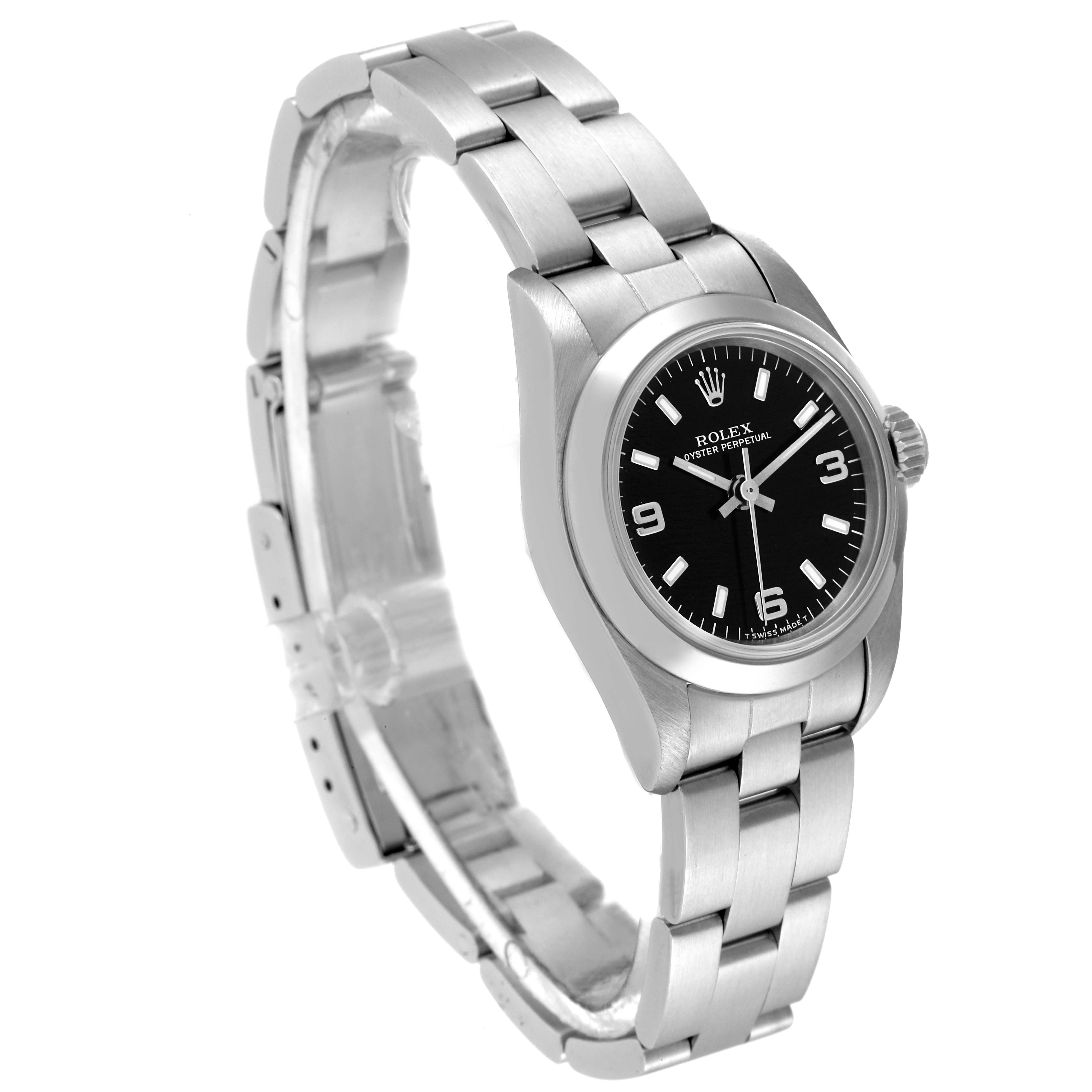 The Rolex Oyster Perpetual 67180 Women's Stainless Steel Black Dial 67180 Women's Stainless Steel Black Dial watch is shown at a three-quarter angle, displaying the face, bezel, crown, and bracelet.
