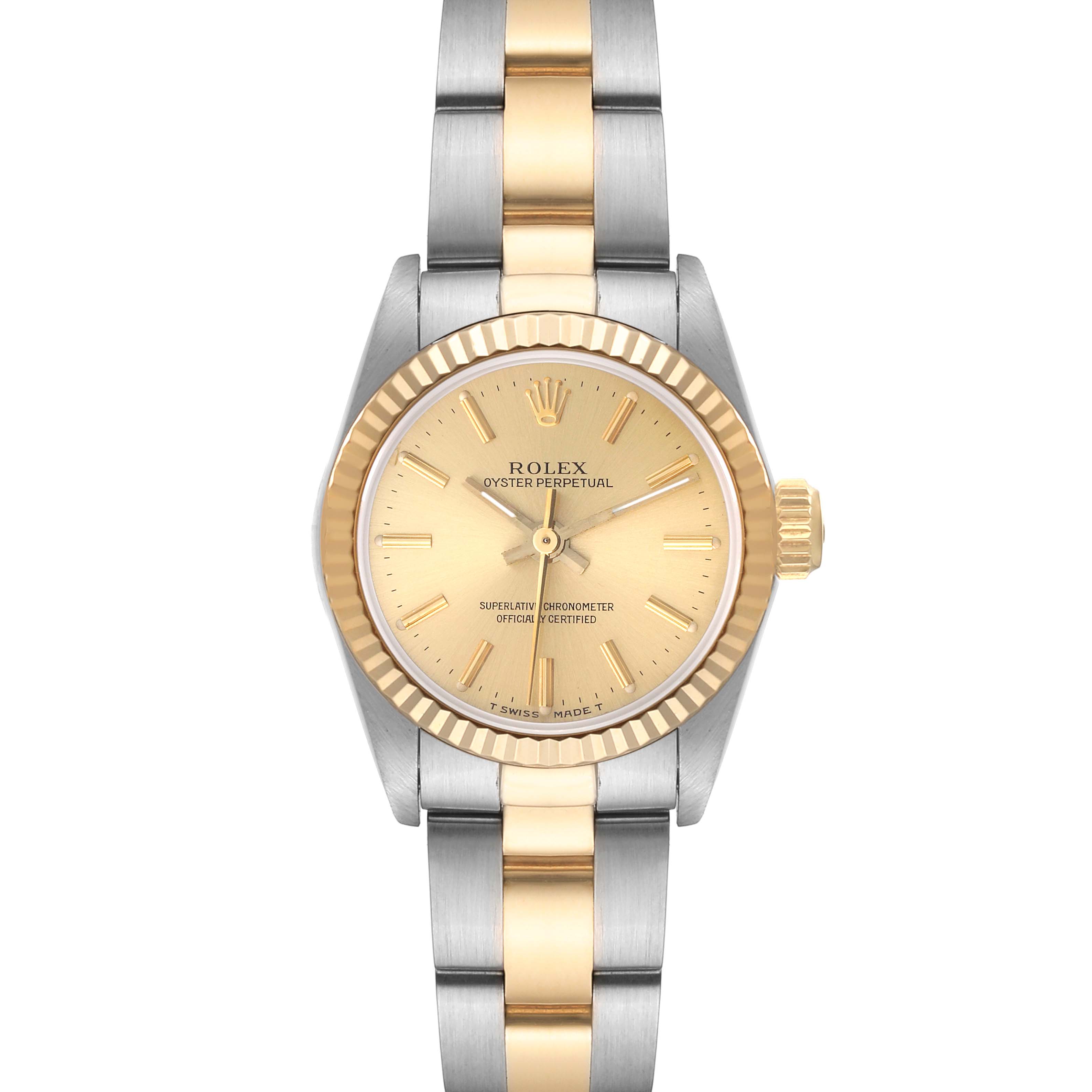 The image shows a front view of a Rolex Oyster Perpetual 67193 Women's Steel and Gold (two tone) Champagne Dial 67193 Women's Steel and Gold (two tone) Champagne Dial model watch with a two-tone metal band and a gold dial.