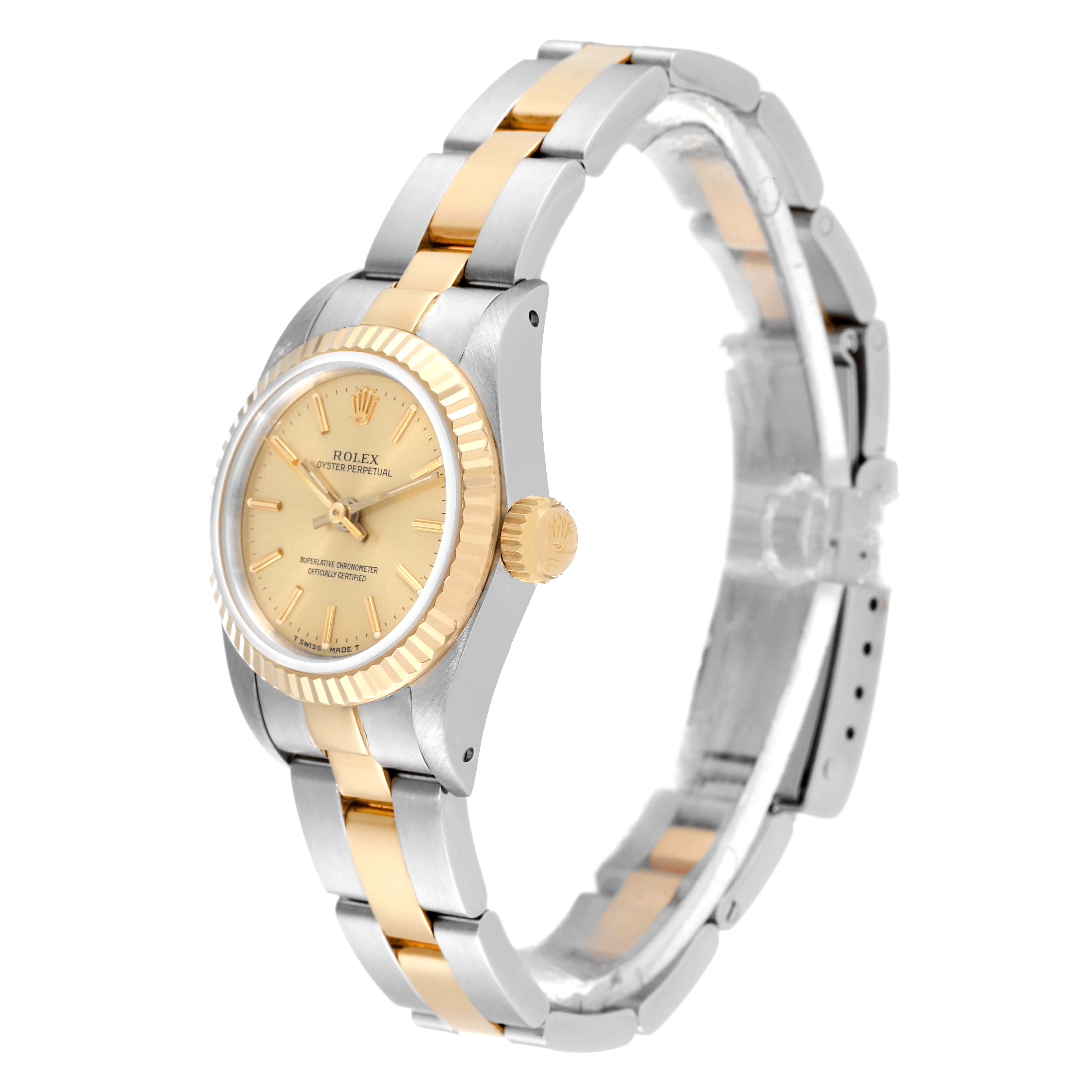 The image shows a side view of a Rolex Oyster Perpetual 67193 Women's Steel and Gold (two tone) Champagne Dial 67193 Women's Steel and Gold (two tone) Champagne Dial watch, displaying its gold bezel, crown, and two-tone metal bracelet.