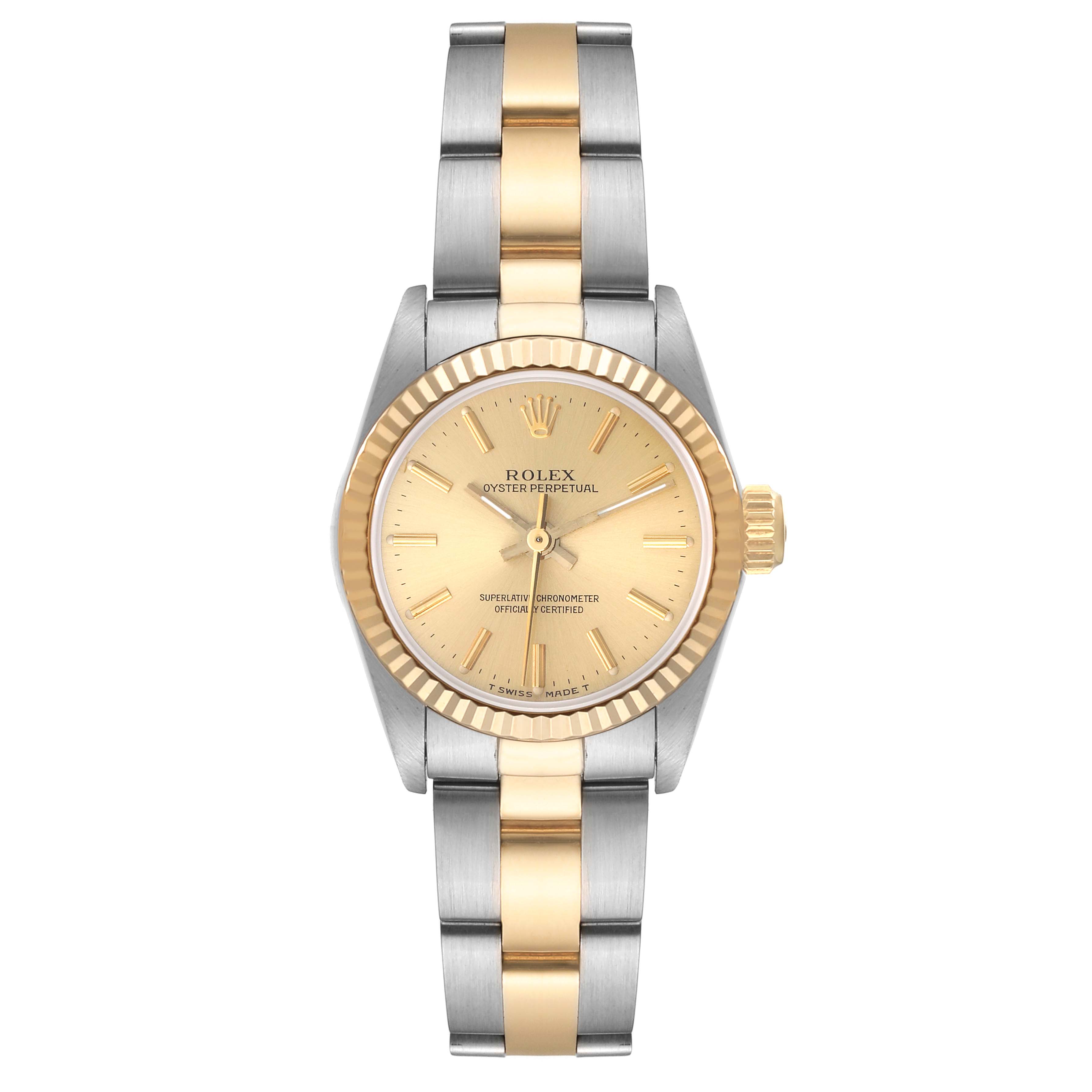 This image shows a front view of a Rolex Oyster Perpetual 67193 Women's Steel and Gold (two tone) Champagne Dial 67193 Women's Steel and Gold (two tone) Champagne Dial watch, highlighting its dial, bezel, and bracelet.
