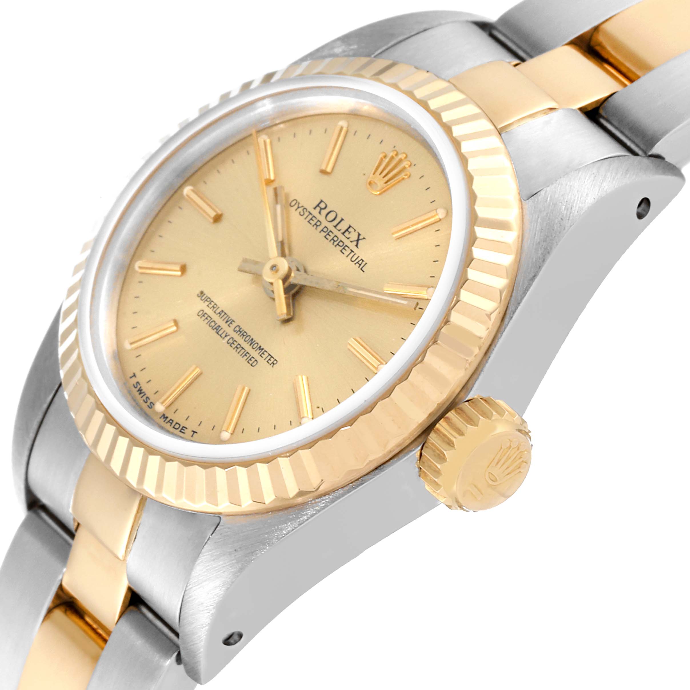 The image shows a side-angle view of the Rolex Oyster Perpetual 67193 Women's Steel and Gold (two tone) Champagne Dial 67193 Women's Steel and Gold (two tone) Champagne Dial watch, highlighting the dial, bezel, crown, and part of the bracelet.