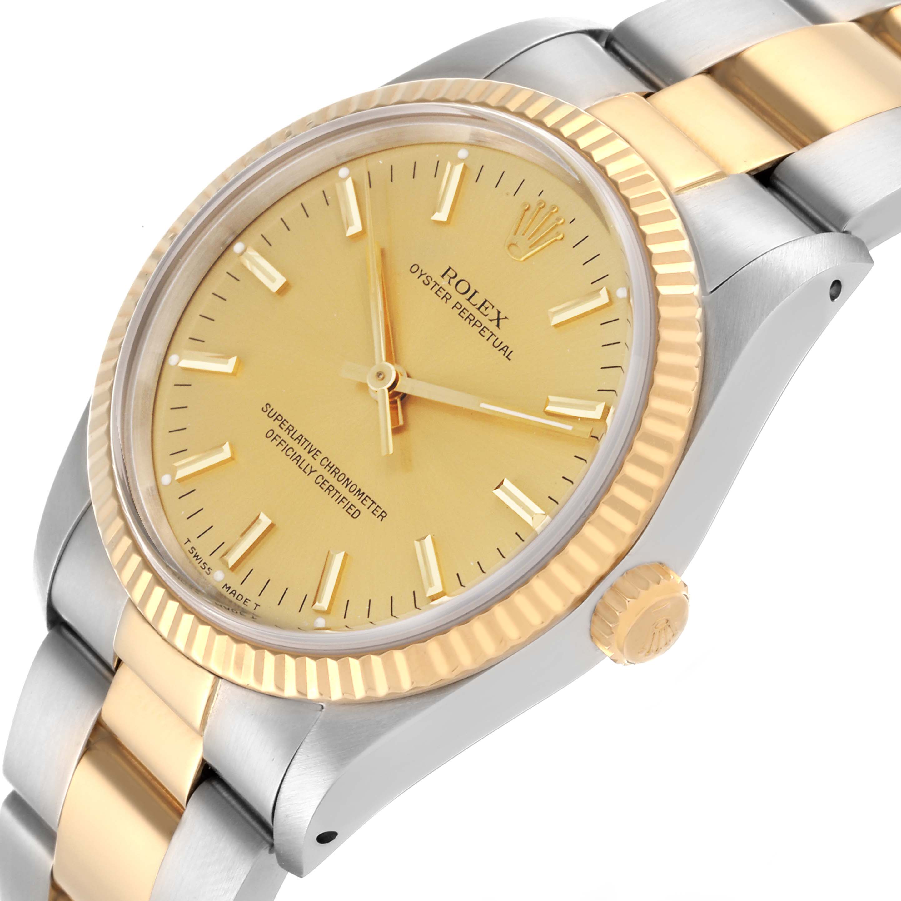 The image shows a Rolex Oyster Perpetual 14233 Men's Steel and Gold (two tone) Champagne Dial 14233 Men's Steel and Gold (two tone) Champagne Dial watch at a slight angle, highlighting the gold bezel, crown, and part of the two-tone bracelet.