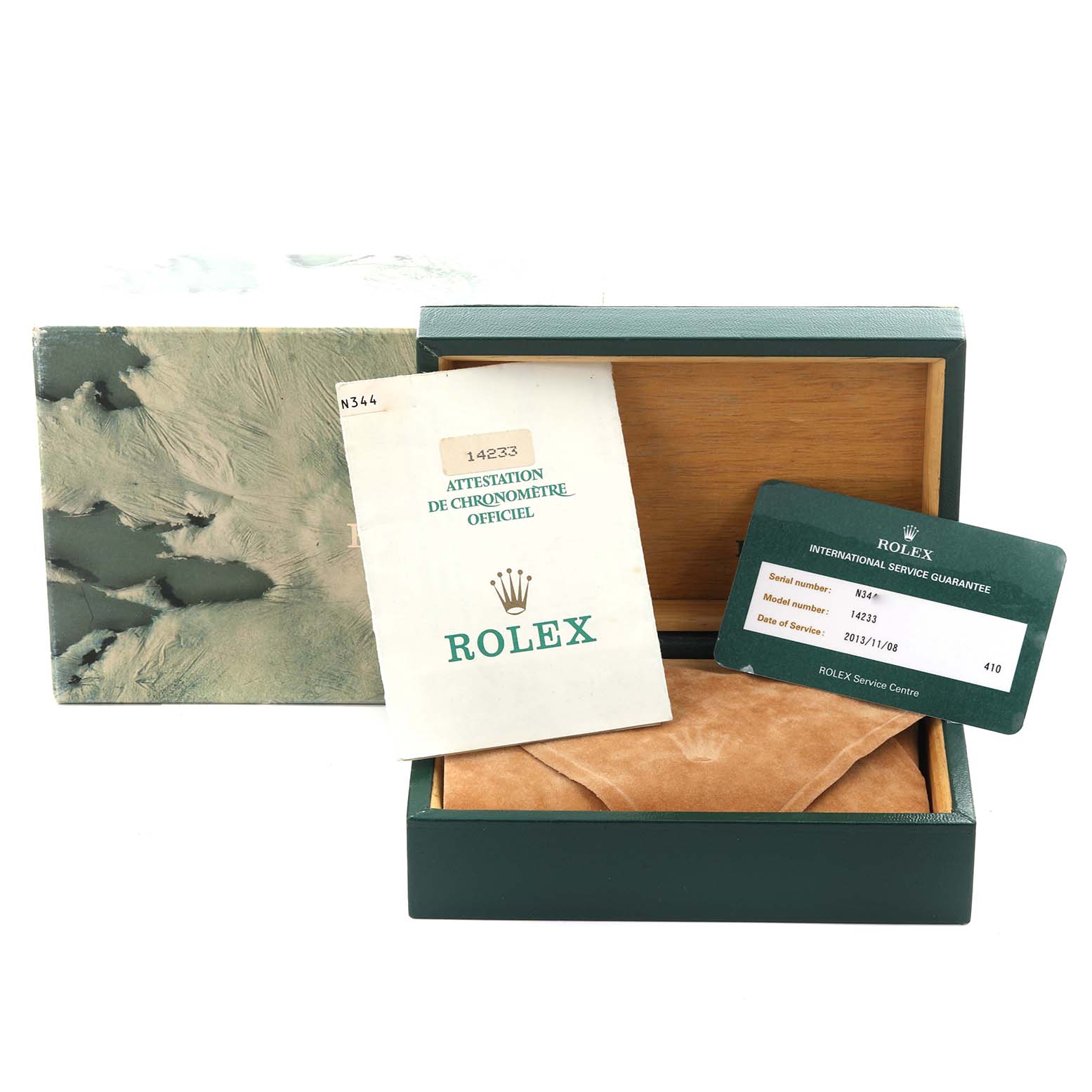 The image shows the packaging and documents for a Rolex Oyster Perpetual 14233 Men's Steel and Gold (two tone) Champagne Dial 14233 Men's Steel and Gold (two tone) Champagne Dial, including the box, papers, and service card.
