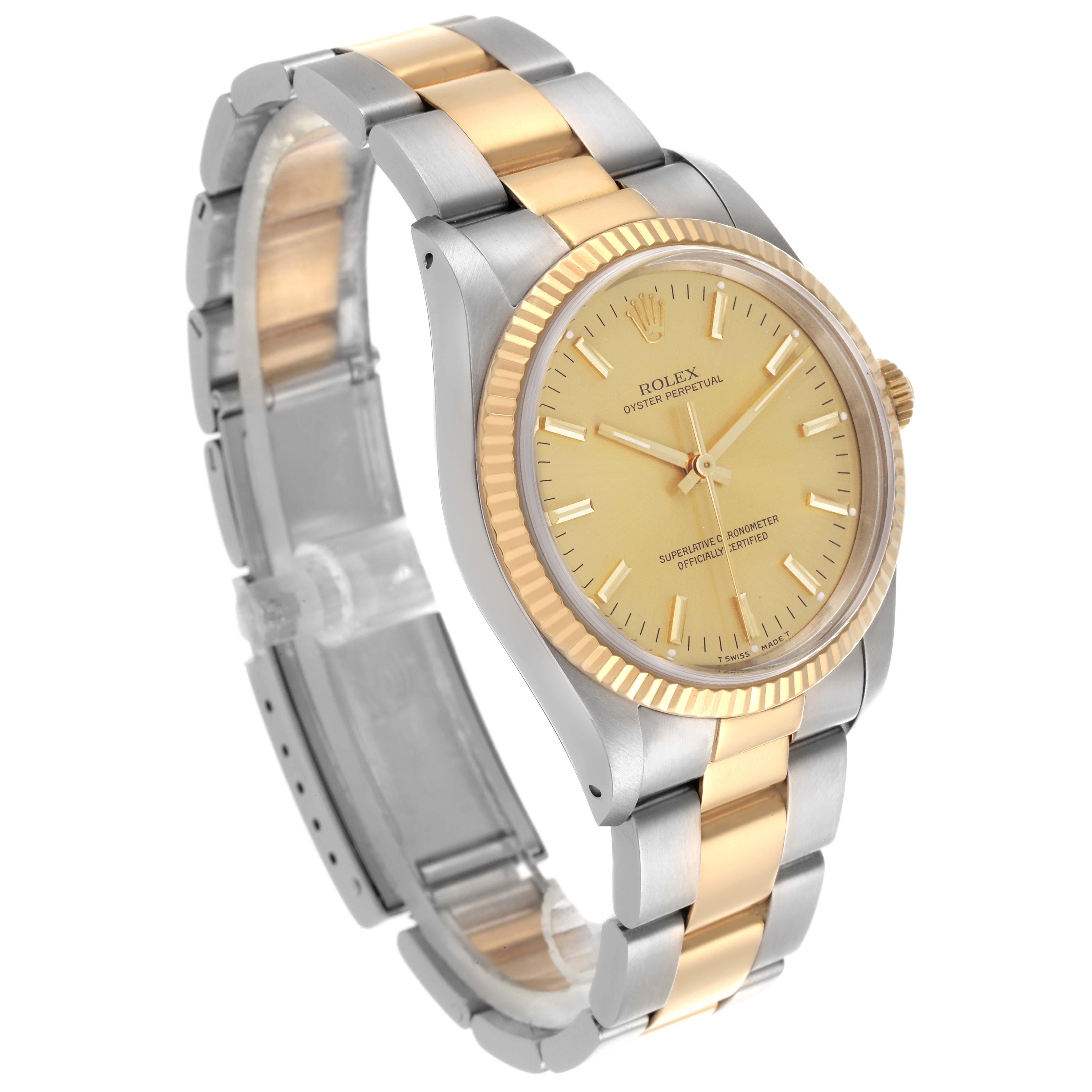 The Rolex Oyster Perpetual 14233 Men's Steel and Gold (two tone) Champagne Dial 14233 Men's Steel and Gold (two tone) Champagne Dial watch is shown at a 3/4 angle, displaying the face, bezel, and bracelet.