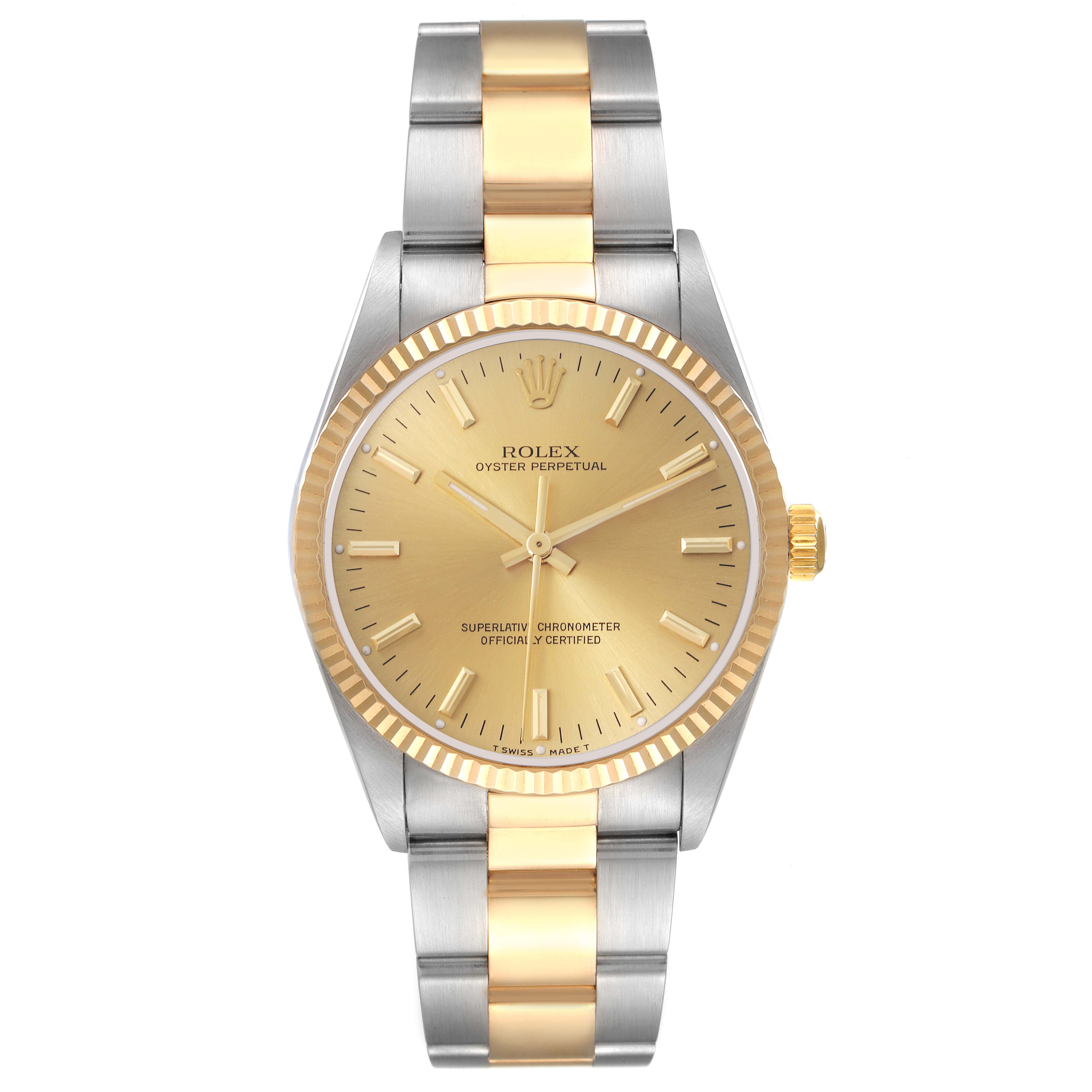 The image shows a front view of the Rolex Oyster Perpetual 14233 Men's Steel and Gold (two tone) Champagne Dial 14233 Men's Steel and Gold (two tone) Champagne Dial watch, highlighting its gold and silver bracelet and gold dial.