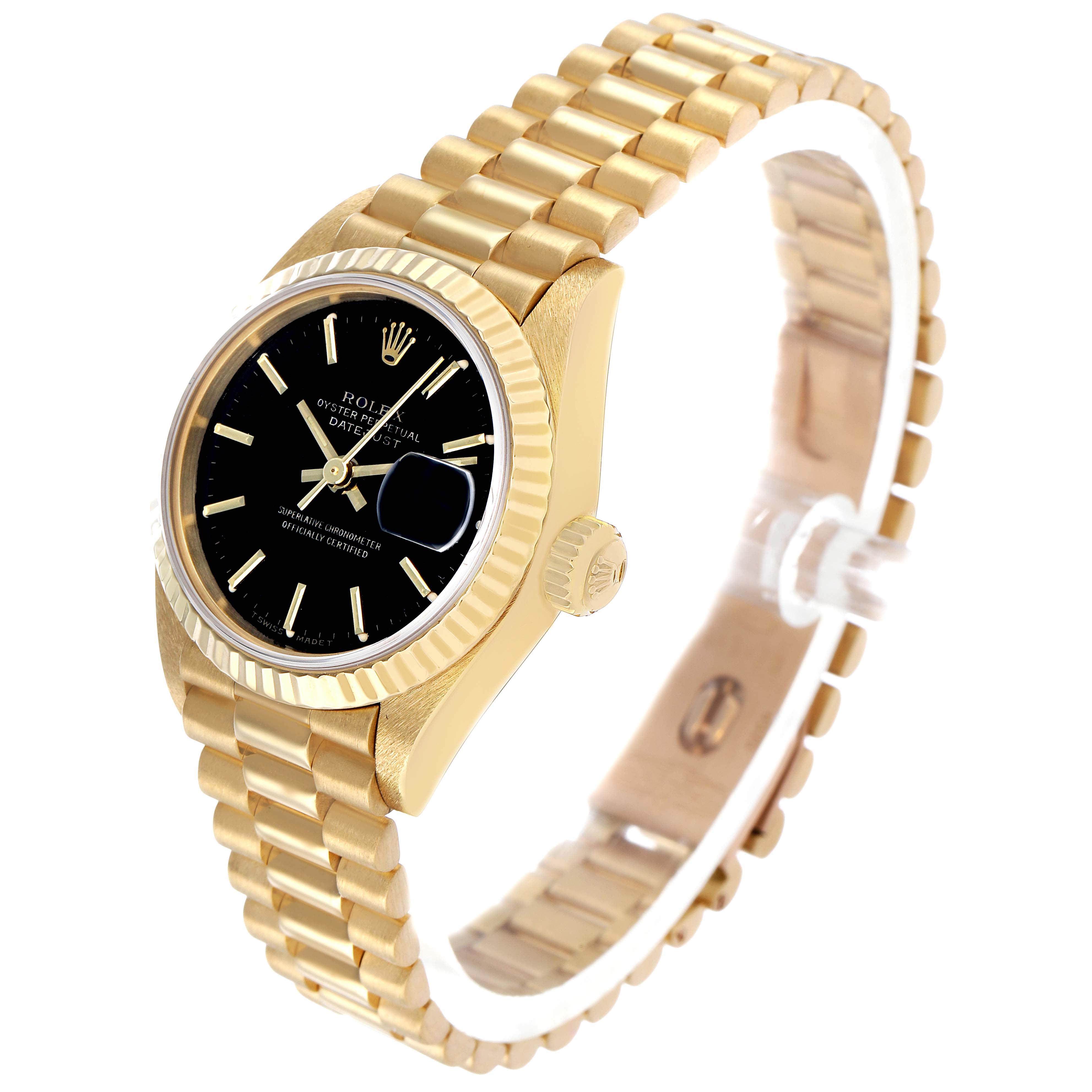 The Rolex President 69178 Women's Yellow Gold Black Dial model is shown at a three-quarter angle, displaying the gold case, fluted bezel, black dial, and the President bracelet.