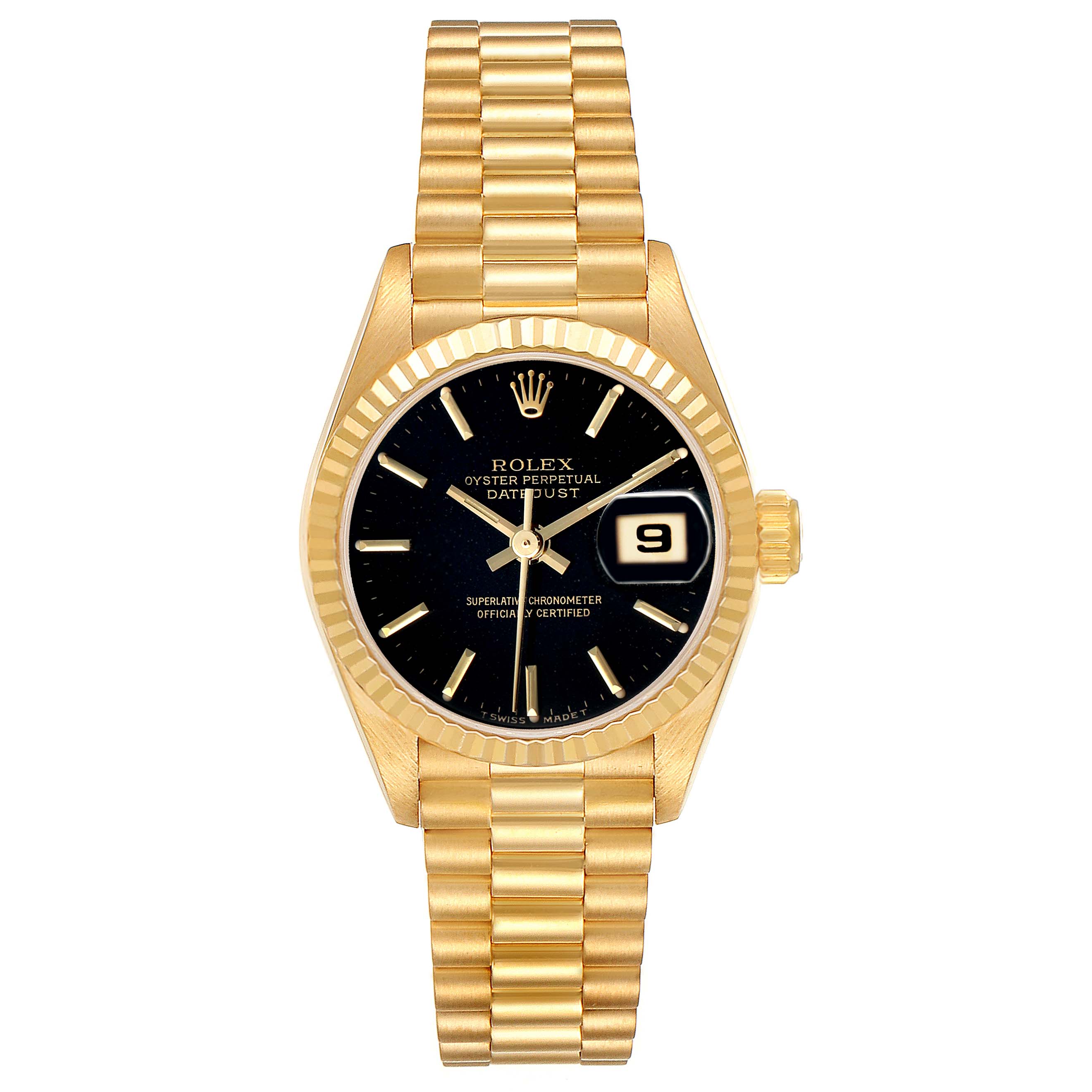 The Rolex President 69178 Women's Yellow Gold Black Dial model is shown from the front, featuring a gold bracelet, bezel, and a black dial with date display.