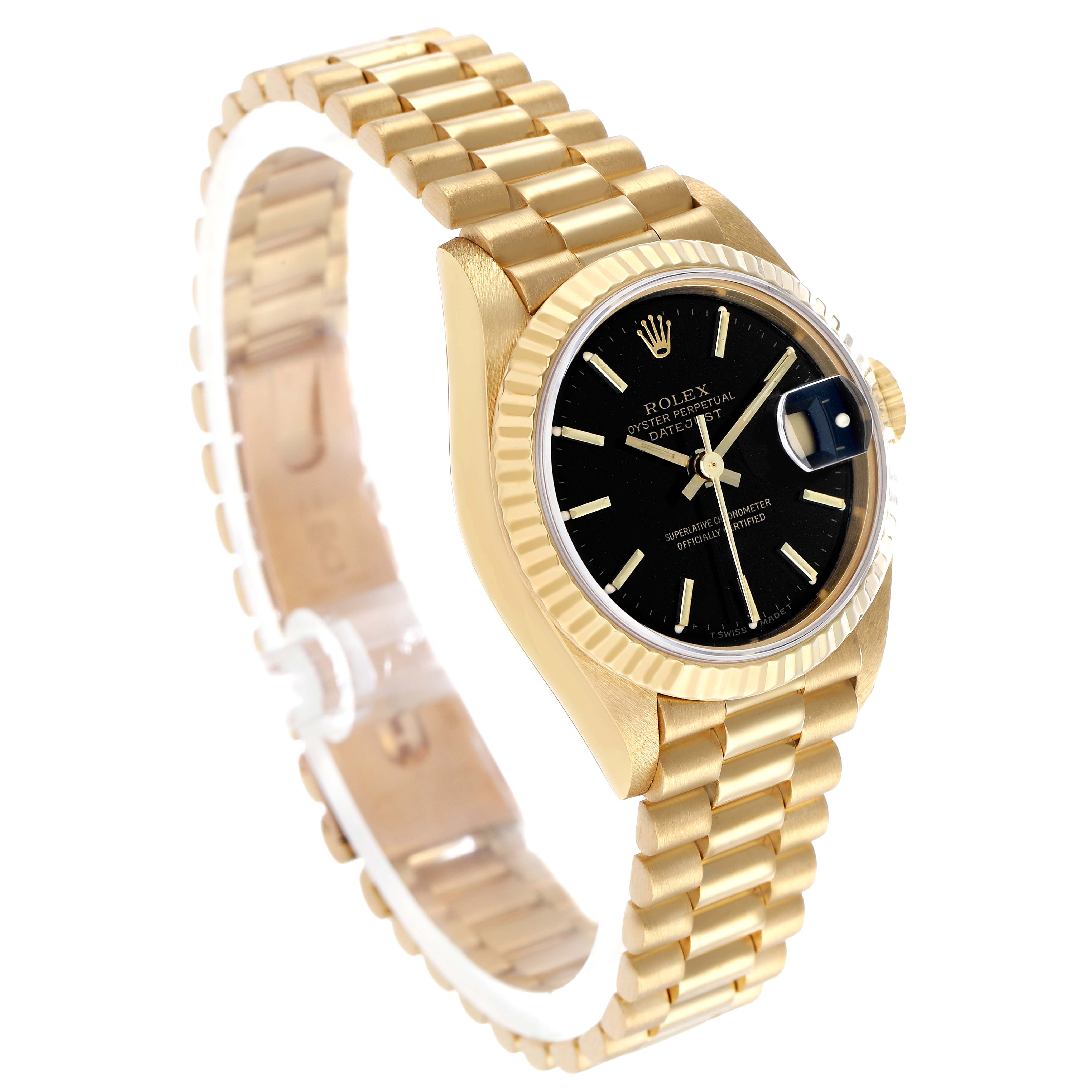 The Rolex President 69178 Women's Yellow Gold Black Dial model is shown at a three-quarter angle, highlighting the black dial, gold case, bezel, and bracelet.