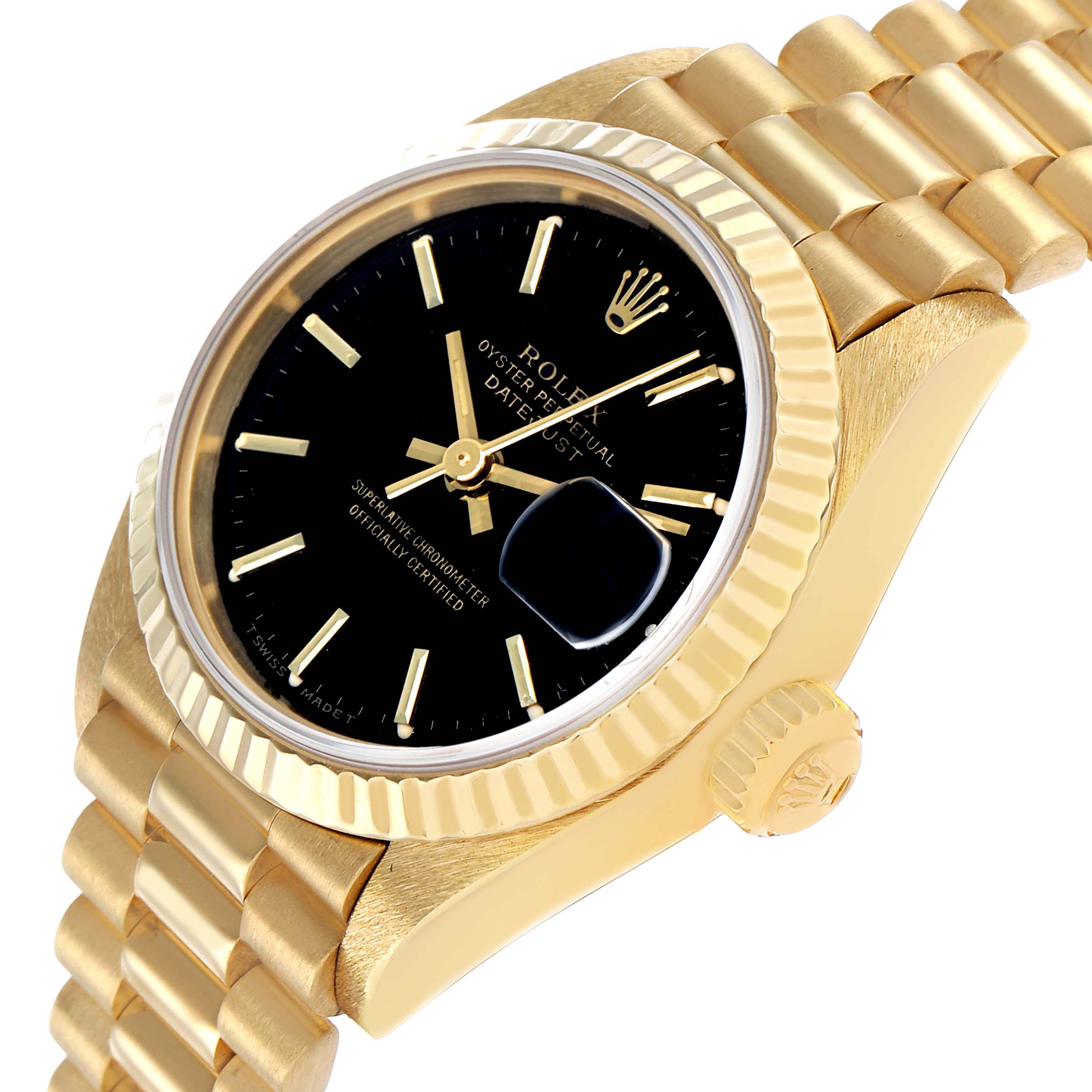 The Rolex President 69178 Women's Yellow Gold Black Dial model is shown from an angle highlighting the black dial, gold fluted bezel, and President bracelet.