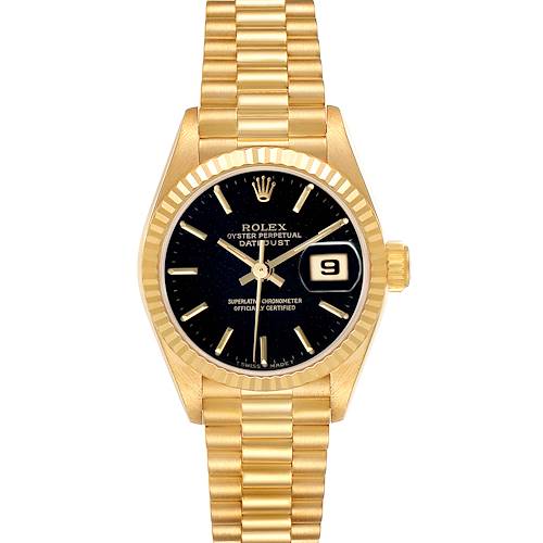 The Rolex President 69178 Women's Yellow Gold Black Dial model is shown from a front angle, displaying the black dial, gold bezel, and linked bracelet.