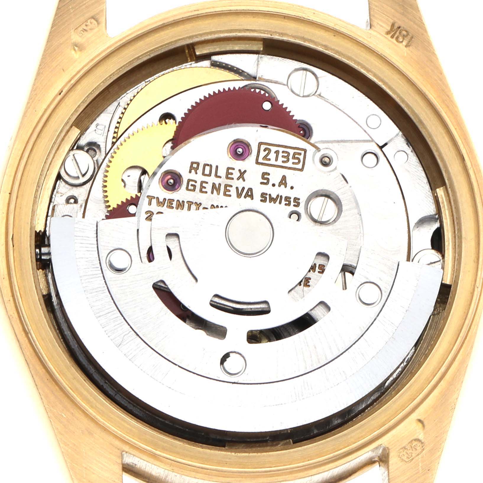 The image shows the Rolex President 69178 Women's Yellow Gold Black Dial model from the back, exposing its mechanical movement and internal components.