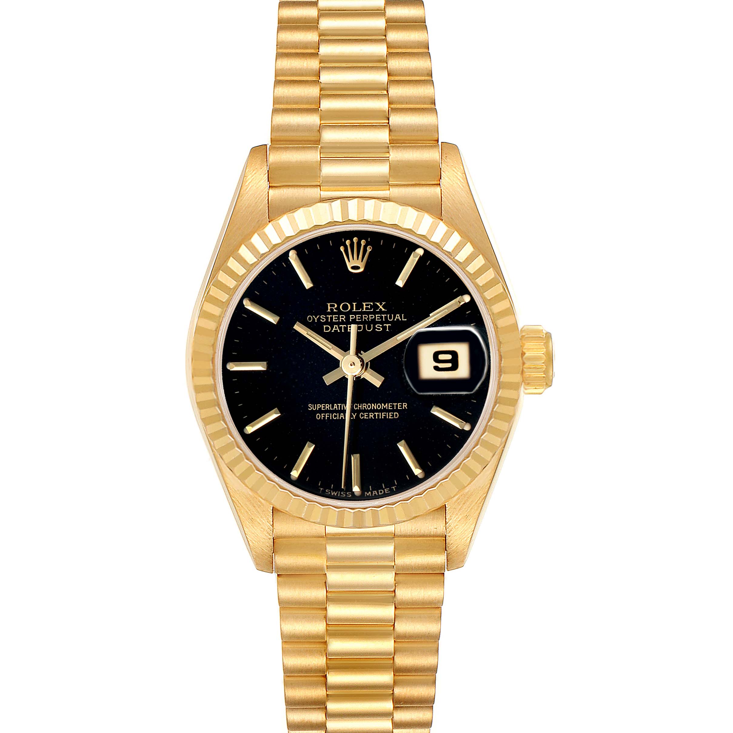 The Rolex President 69178 Women's Yellow Gold Black Dial watch is shown from a top-down angle, highlighting its black dial, gold bracelet, and date function.