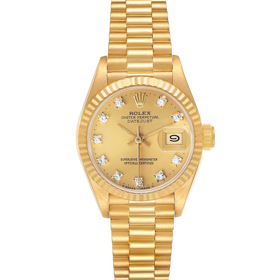 The Rolex President 69178 Women's Yellow Gold Champagne Dial model is shown from a top-down angle, highlighting the face, bezel, and bracelet.