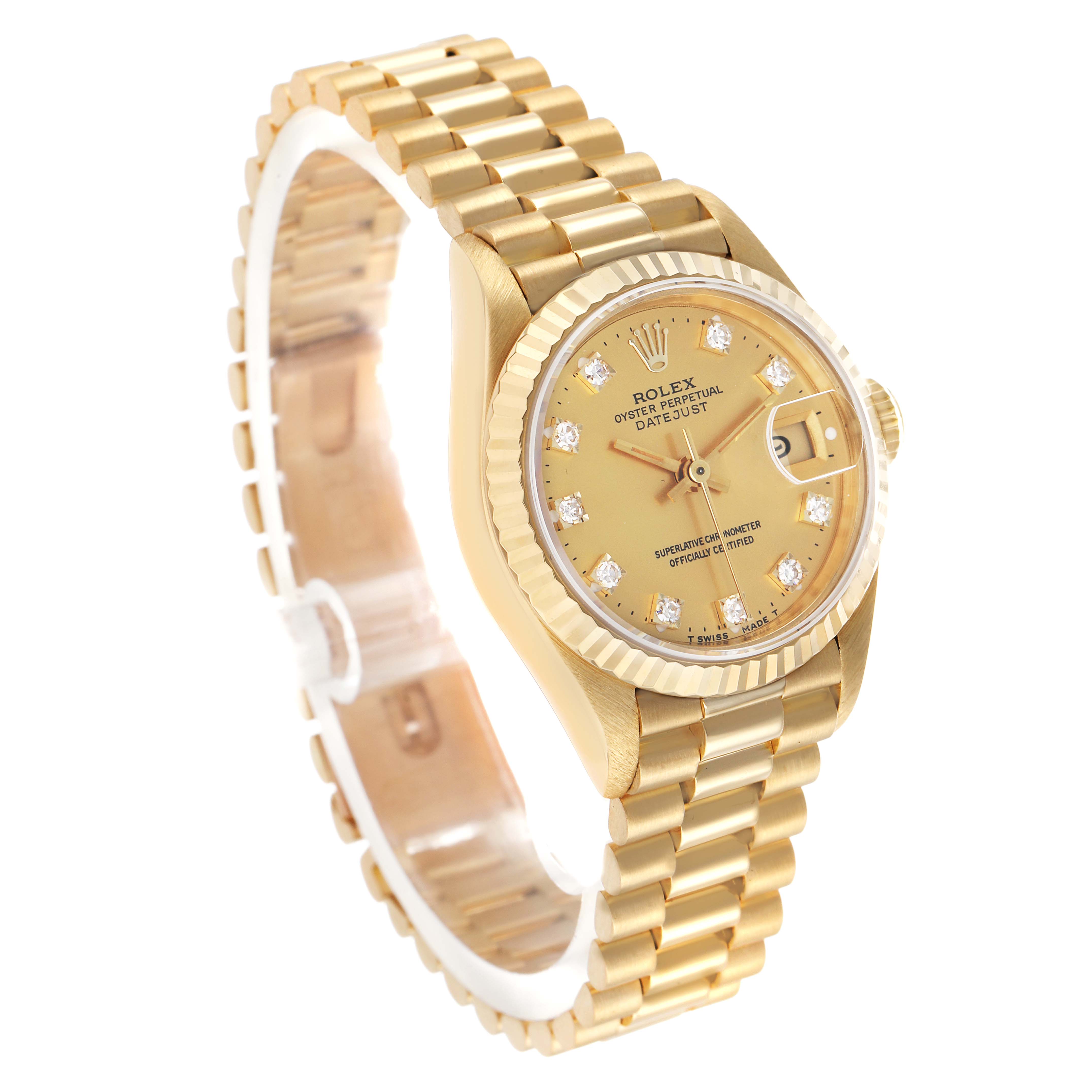 The Rolex President 69178 Women's Yellow Gold Champagne Dial model watch is viewed at a slight top-side angle, showing its gold bracelet, fluted bezel, and dial with diamond hour markers.