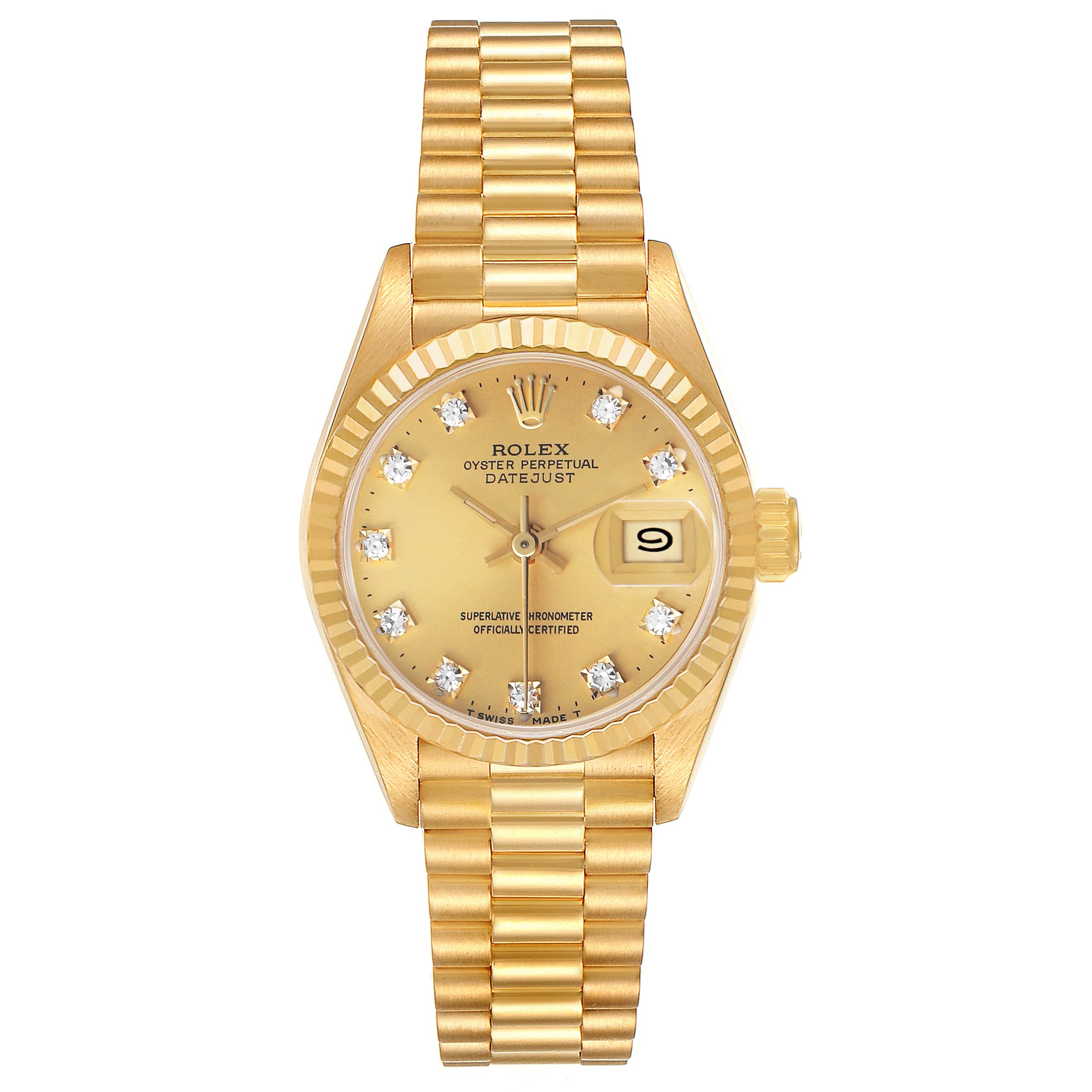 The Rolex President 69178 Women's Yellow Gold Champagne Dial model watch is shown from a top-down angle, highlighting its dial, bezel, and bracelet.