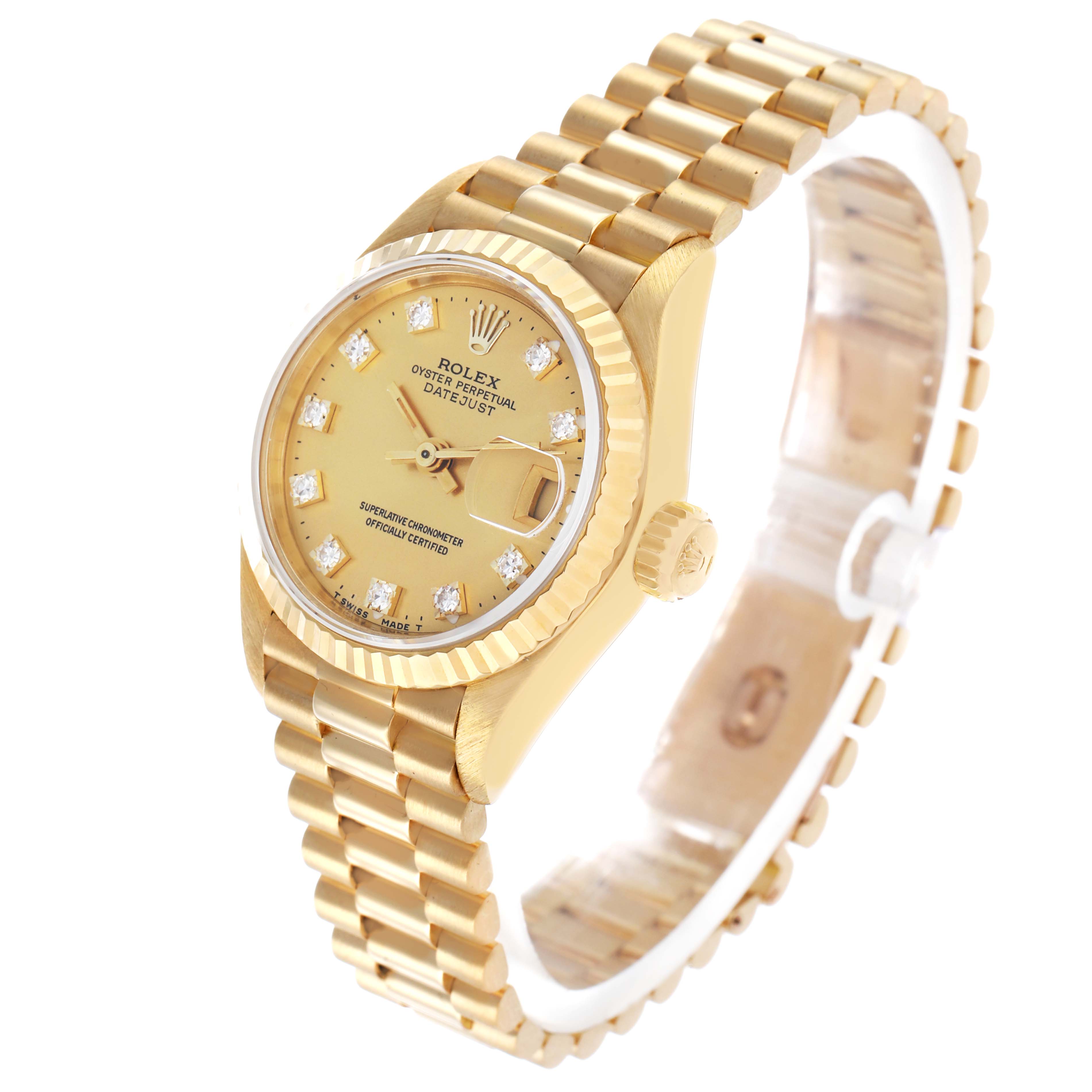 The Rolex President 69178 Women's Yellow Gold Champagne Dial model is shown at a three-quarter angle, highlighting the dial, bezel, bracelet, and crown.