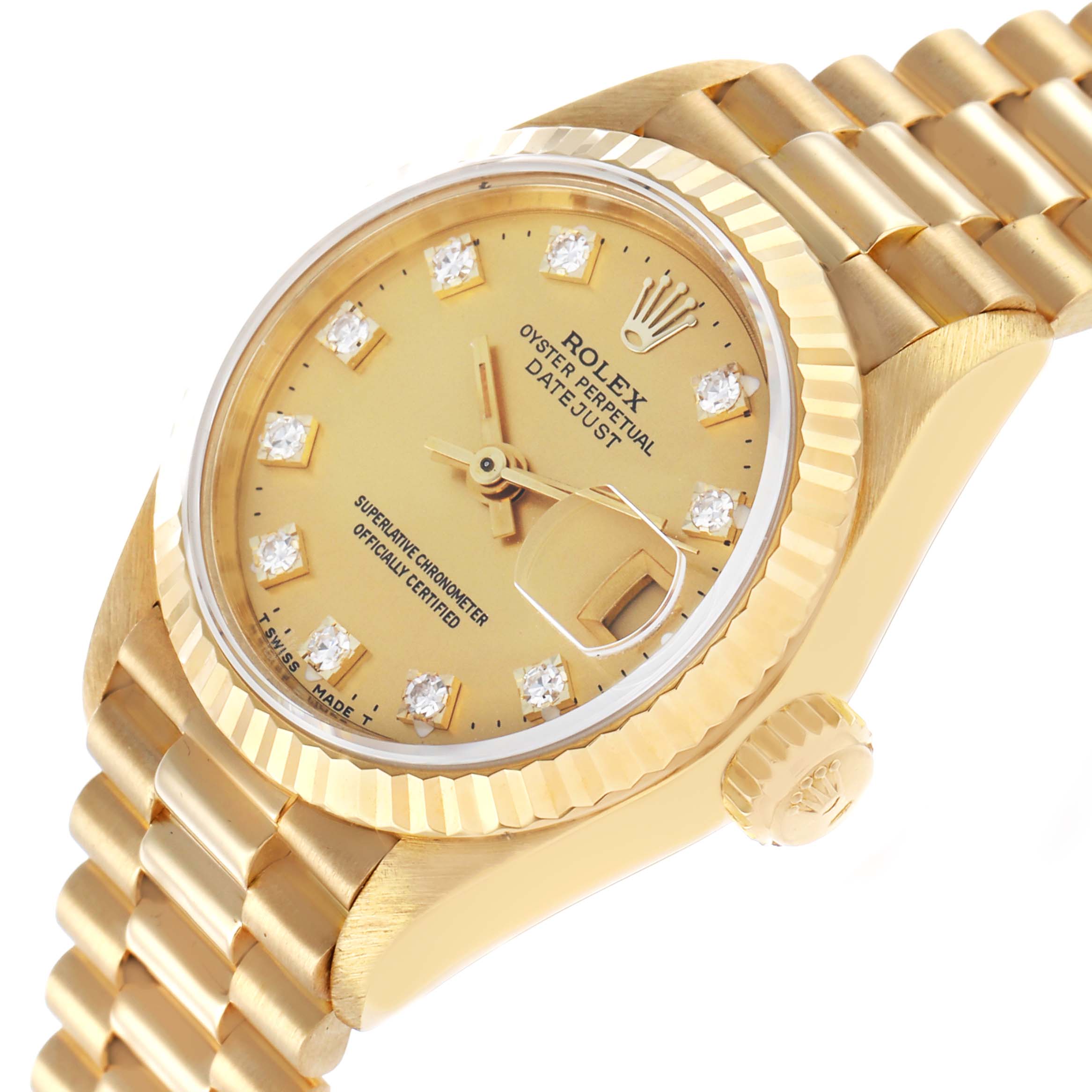 The Rolex President 69178 Women's Yellow Gold Champagne Dial watch is shown at a slight diagonal angle, highlighting its gold case, diamond hour markers, and link bracelet.