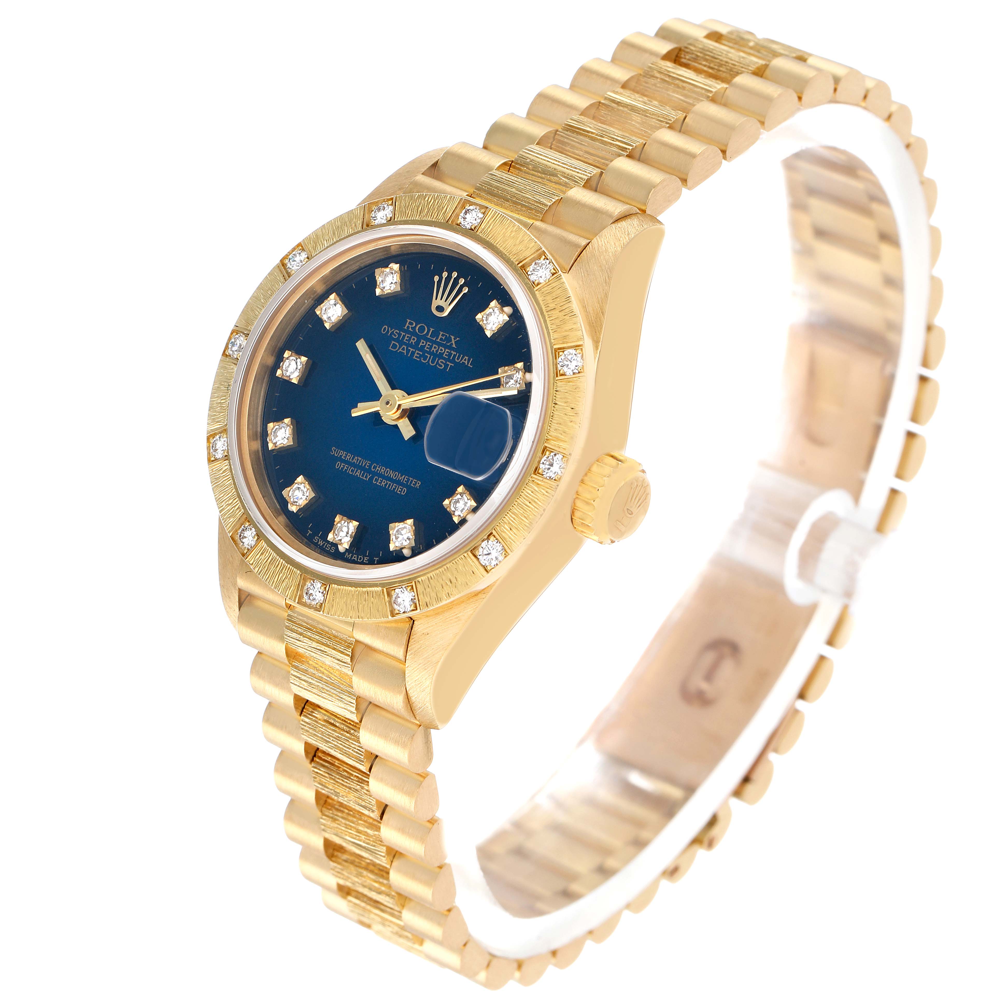 The Rolex President 69288 Women's Yellow Gold Blue Dial model watch is shown at a slight angle, highlighting the bezel, face, crown, and bracelet.