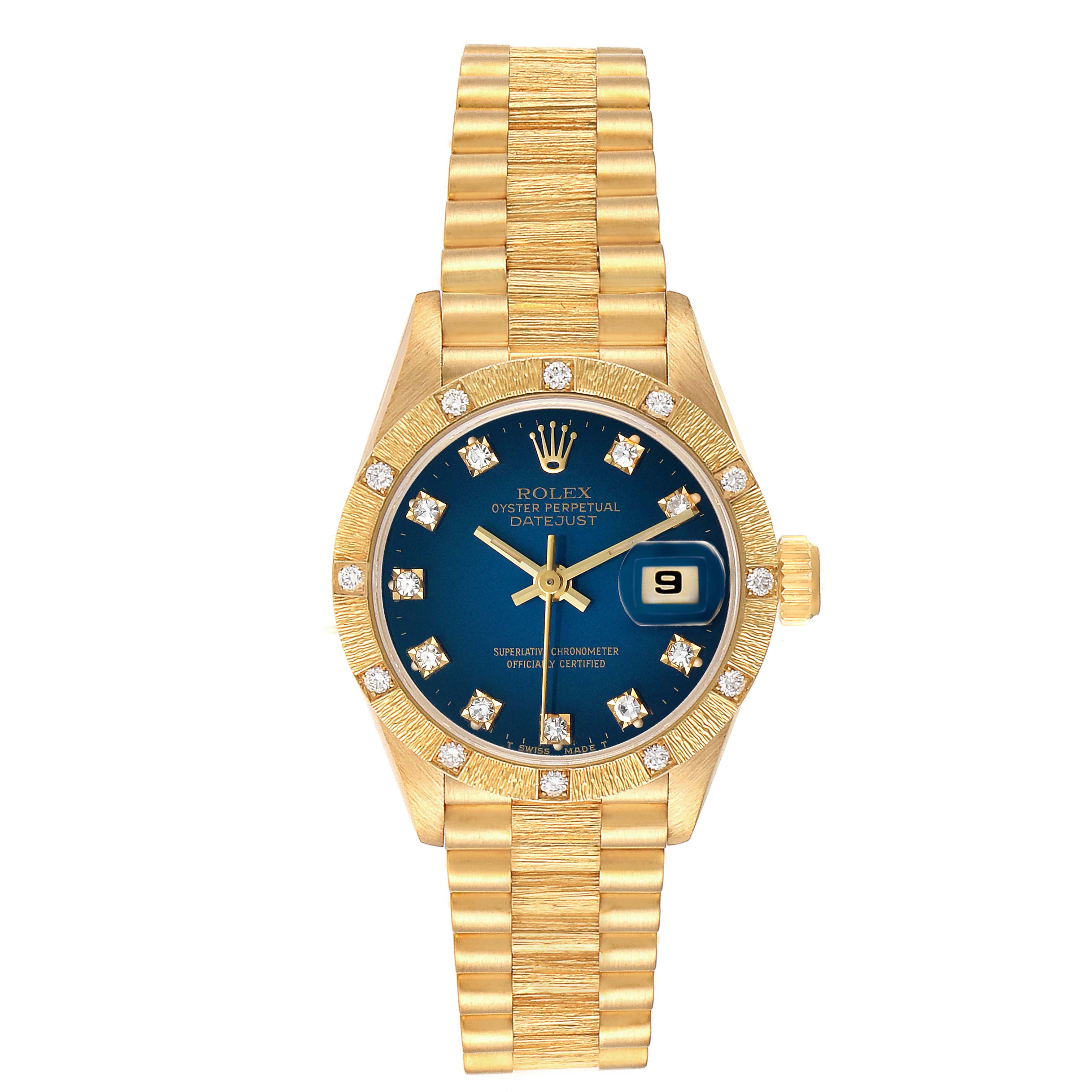 The Rolex President 69288 Women's Yellow Gold Blue Dial model is shown from the front, displaying the dial, bezel, and bracelet.