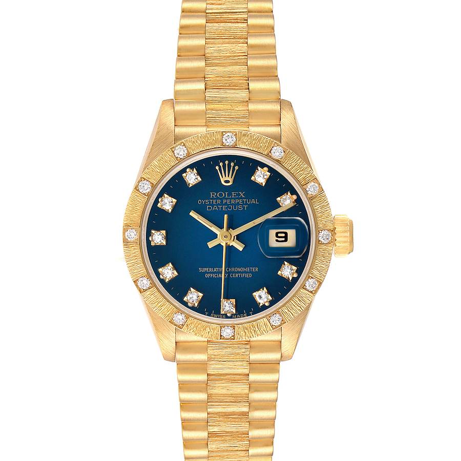 The Rolex President 69288 Women's Yellow Gold Blue Dial model is shown from the front, highlighting its gold case, bracelet, and blue dial with diamond hour markers.