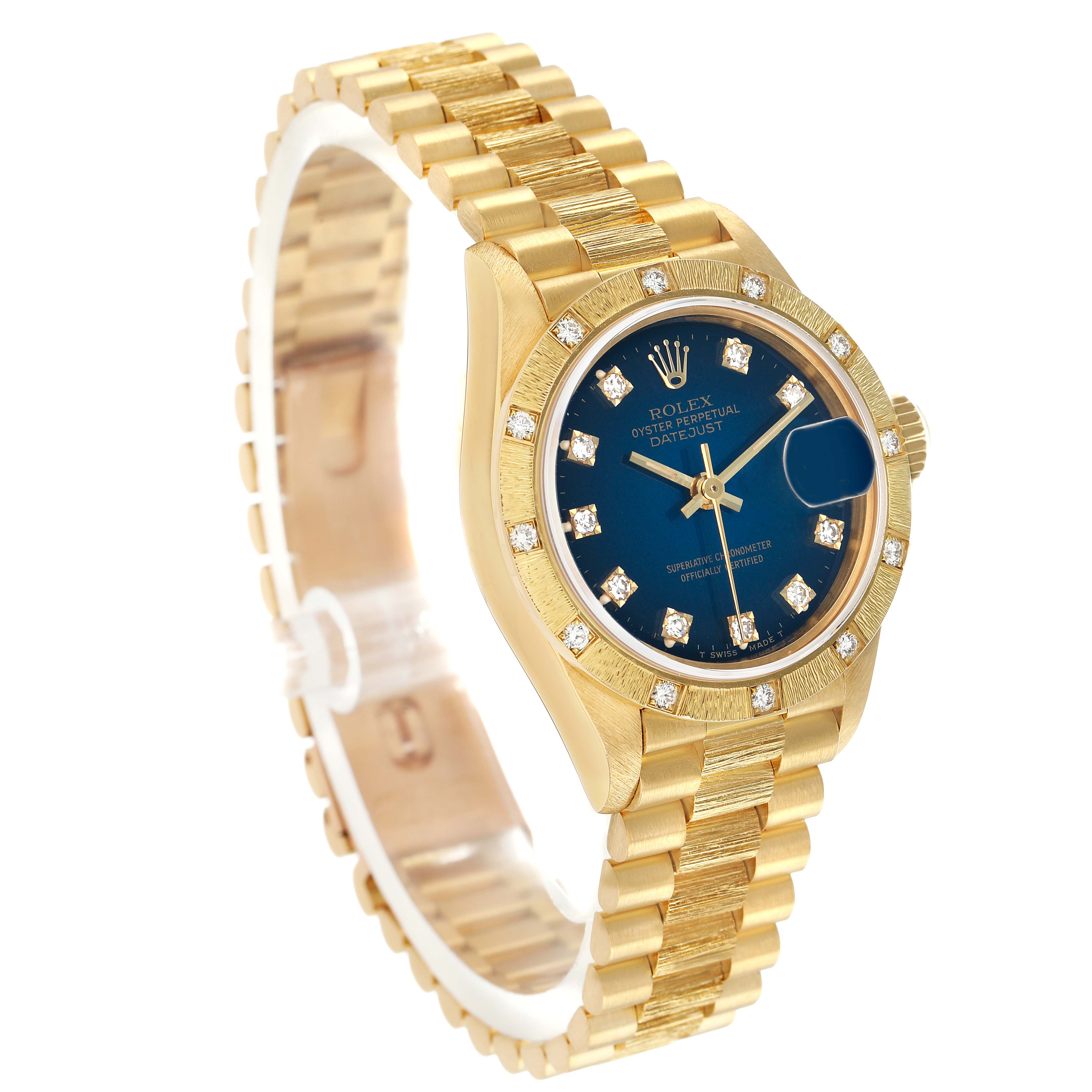 The Rolex President 69288 Women's Yellow Gold Blue Dial model watch is shown at a three-quarter angle displaying the face, bezel, and part of the bracelet.